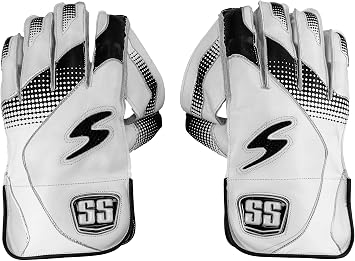 SS Match Cricket Premium Wicket Keeping Gloves, Full Size Adult, Black White Color, top Class Protection for Leather Ball Cricket