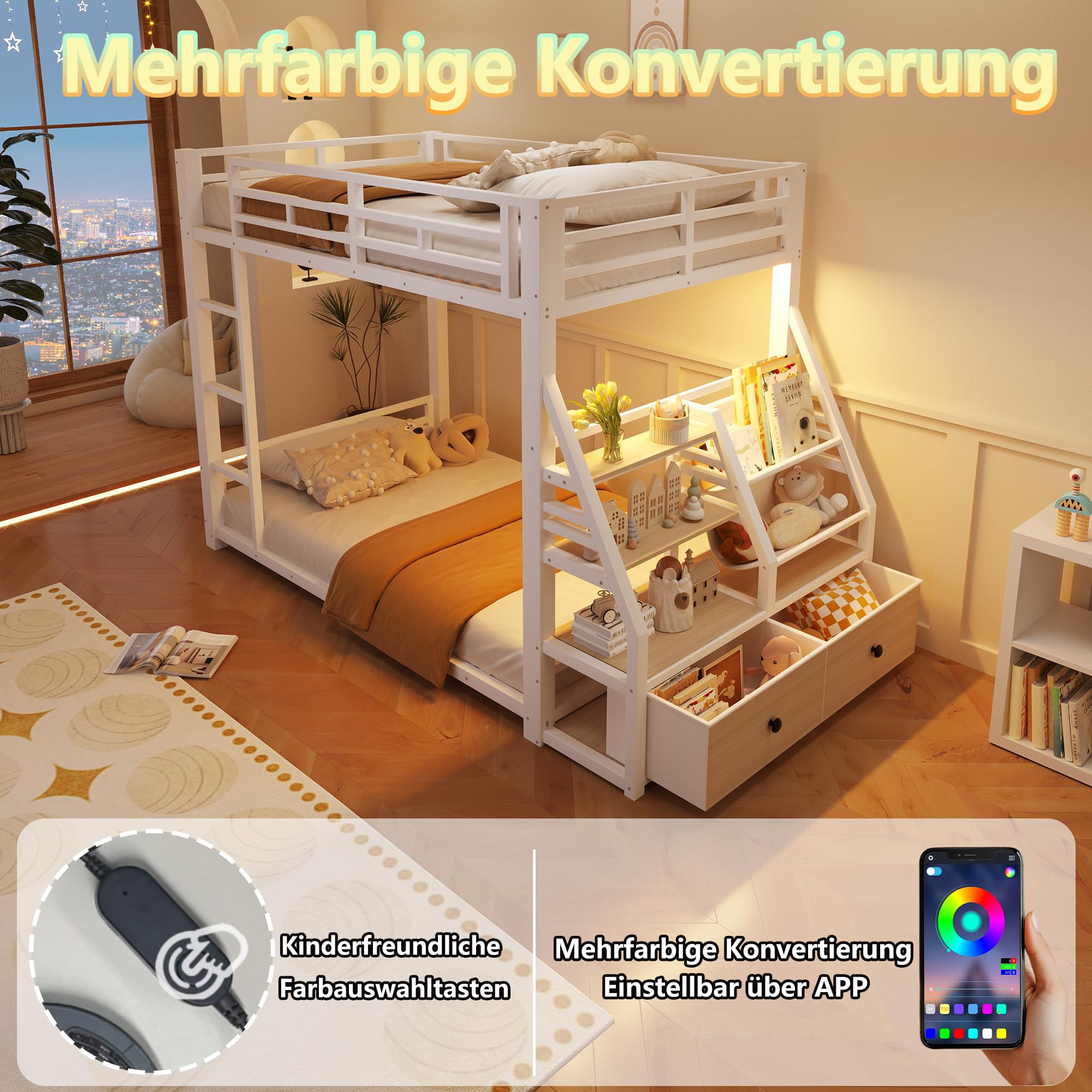 Sapgaks Lit superposé Enfant en métal 90 x 200 avec éclairage LED et 2 tiroirs en Tissu,Rangement,lit Enfant 90x200,Cadre de lit 2 Personne,Blanc