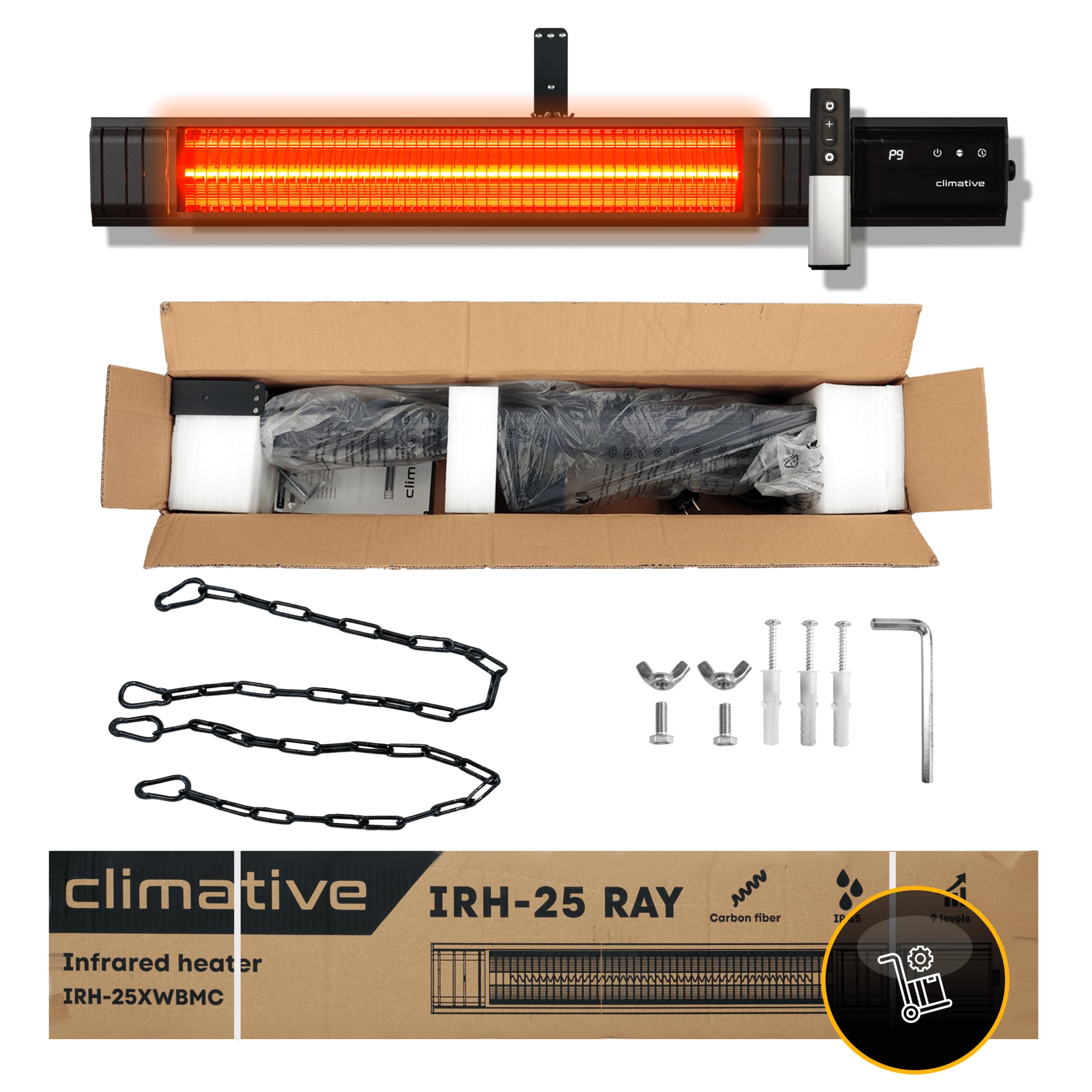 Infrarot Heizstrahler 2500W, 9 Stufen, IP65, Montageketten, Fernbedienung, Timer, Elektroheizung RAY, Terrassenheizer Outdoor, Wandheizung, Infrarotheizung, Heizstrahler Terrasse & Innenraum
