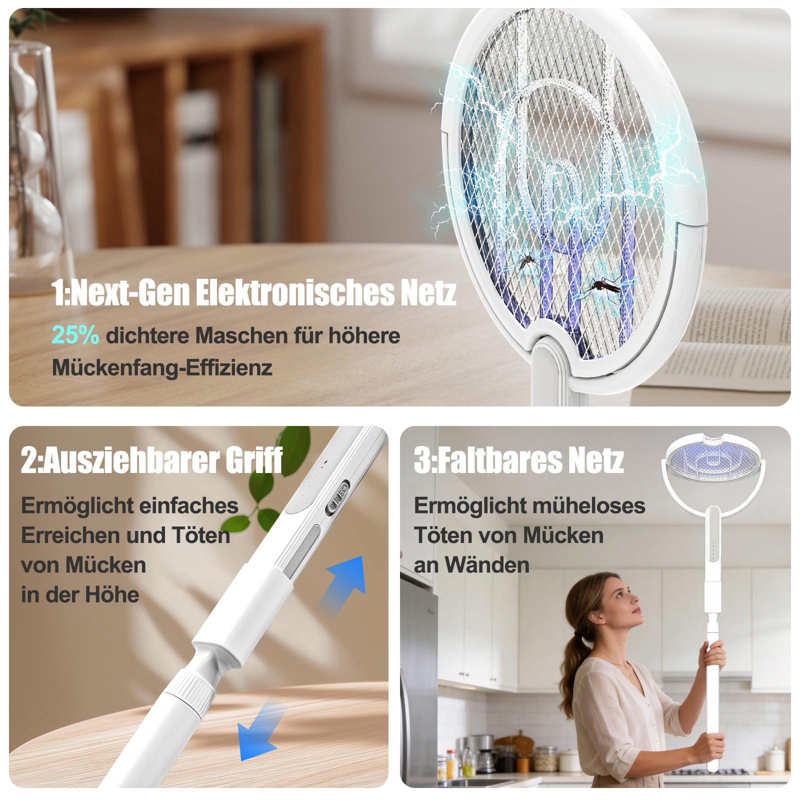 Elektrische Fliegenklatsche, 4000V Insektenvernichter mit Teleskopstange，1800mAh Akku, 2-in-1 USB-C Mückenfalle mit Rotierendem Kopf und Ladestation, für Innen und Außen