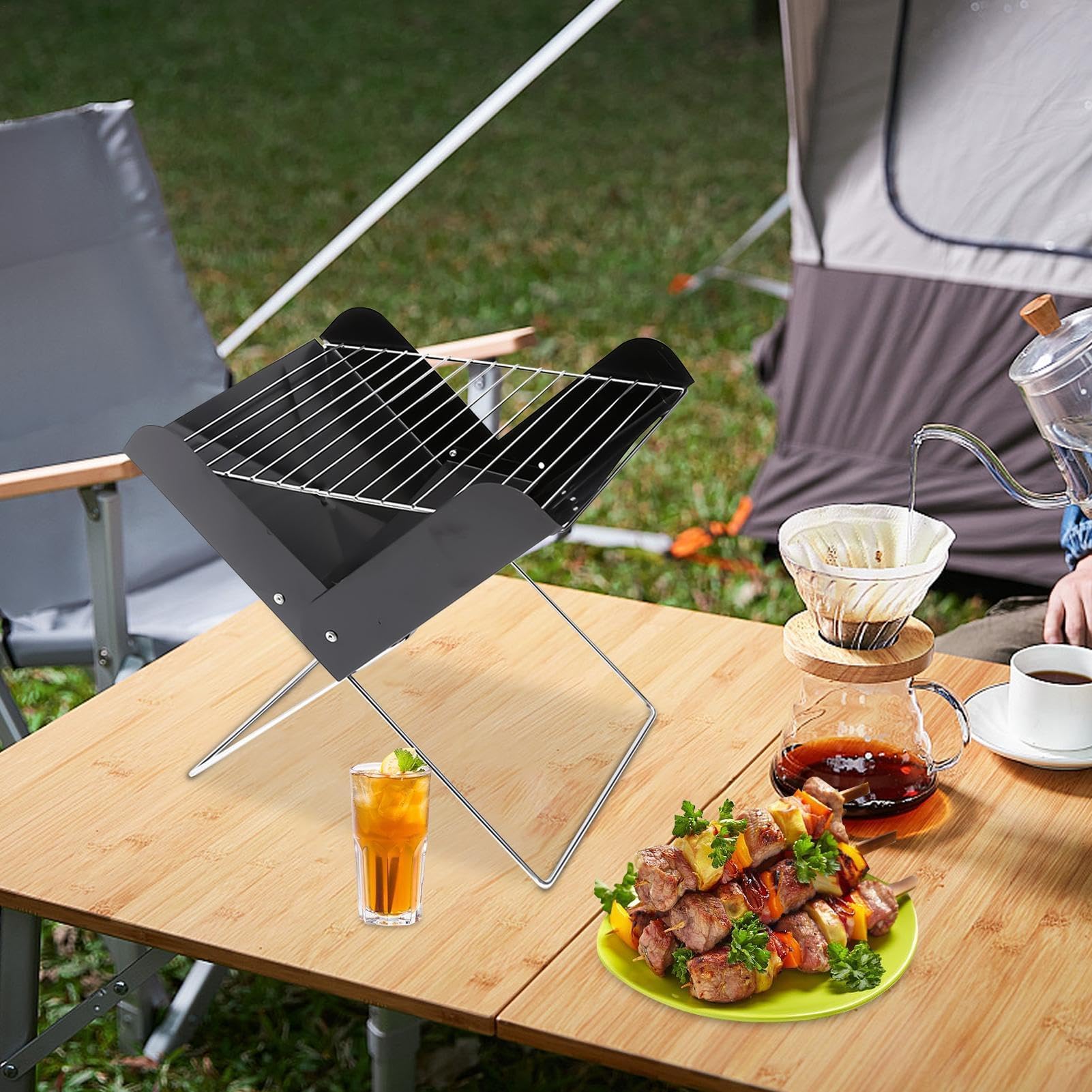 Przenośny grill na węgiel drzewny, składany sprzęt do gotowania na świeżym powietrzu, na kemping, patio i palenisko na podwórku, idealny do tylnej klapy i zabawy na pikniku