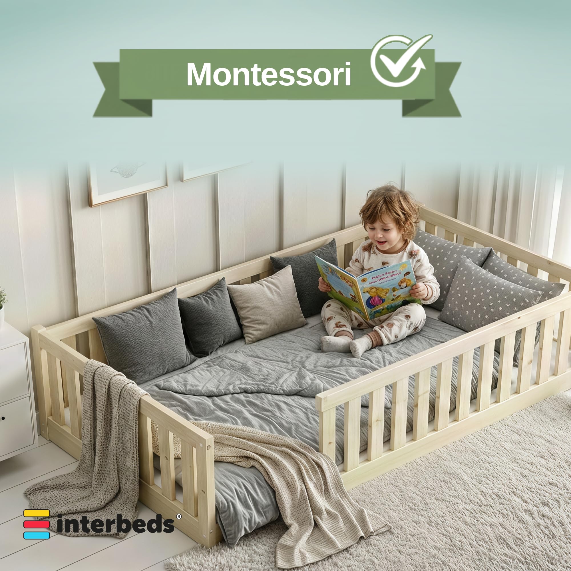 Lit Enfant Bella 120x200 avec Barrière de Sécurité et Sommier à Lattes, Bois Pin Naturel, Montessori