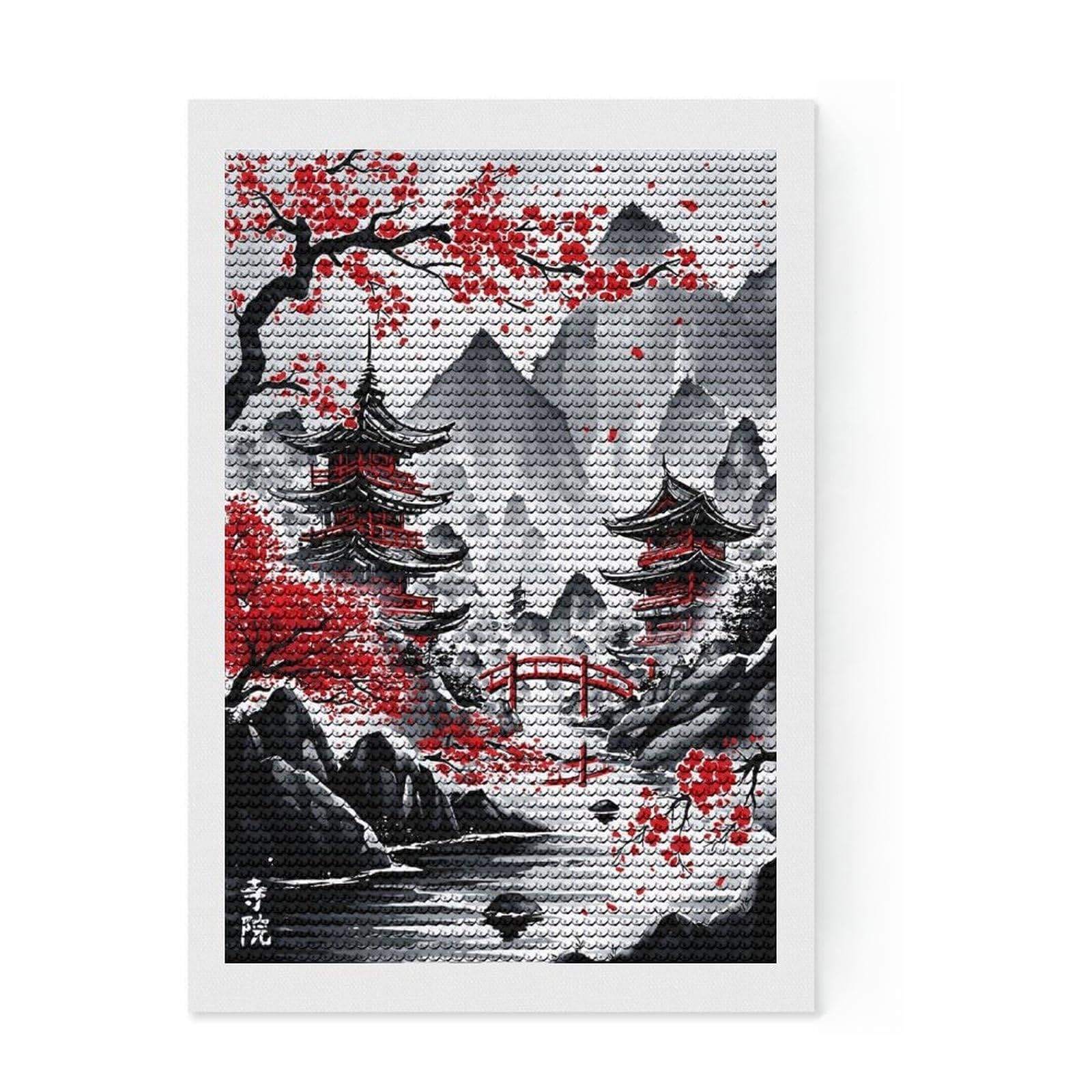 Junmoney Japanese Temples Ink Wash Diamond Painting Canvas Set 8"x12", Neat Printed Canvas, Creative Leisure Activity, Cosy Home Accent