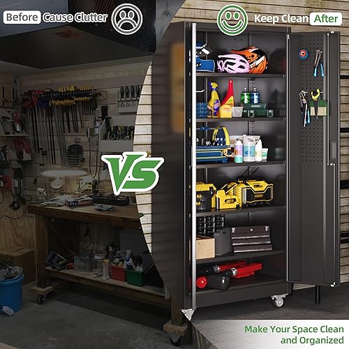 Miniatura 31 de Armario de almacenamiento de garaje con ruedas, gabinete de herramientas de metal de 35.43 pulgadas de alto con tablero de clavijas y 4 ganchos