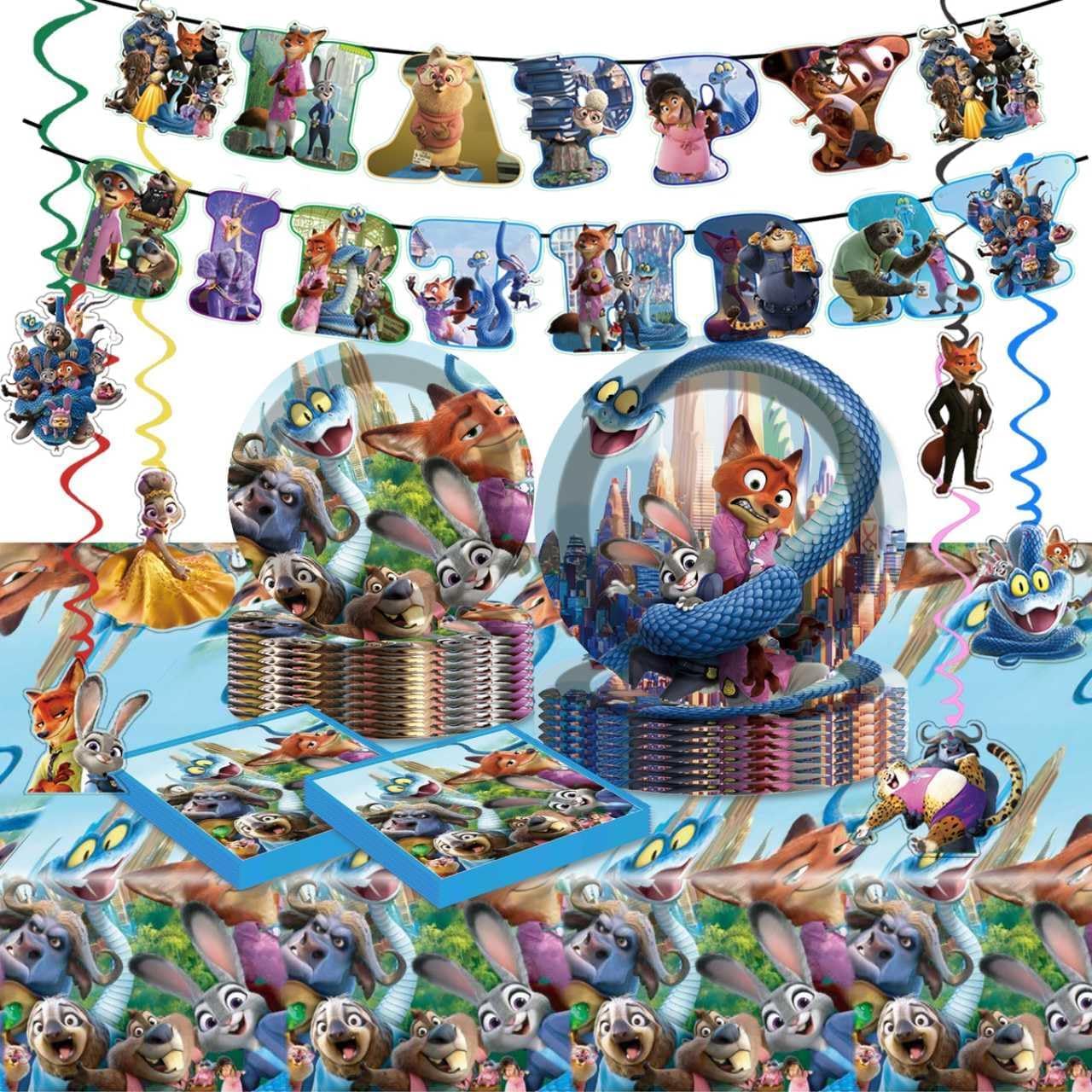 68PCS Zootopia2 Party Tableware Set, Including 6 Hanging Swirls, 1 Tablecloth (71''x42''), 20 7-inch Plates, 20 9-inch Plates, 20 Napkins, 1 Banner Zootopia Themed Birthday Party Decoration Supplies