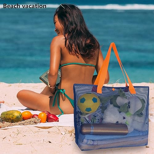 Vista 5 de Paquete de 2 bolsas grandes y ligeras de malla simple con botón a presión, reutilizable, bolsa de piscina para viajes al aire libre, compras