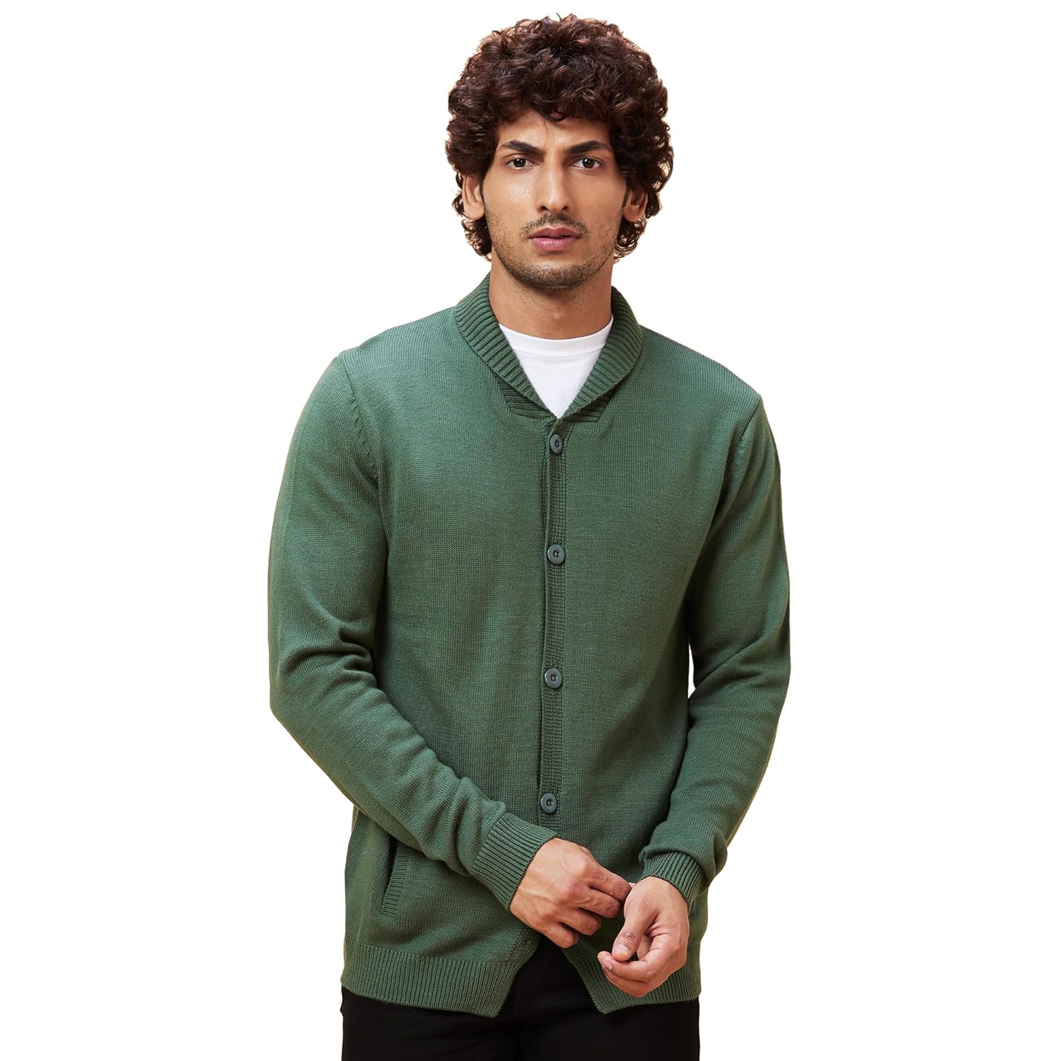 Globus Men Green Solid Casual Cardigan Sweater Globus Men Green Solid Casual Cardigan Sweater