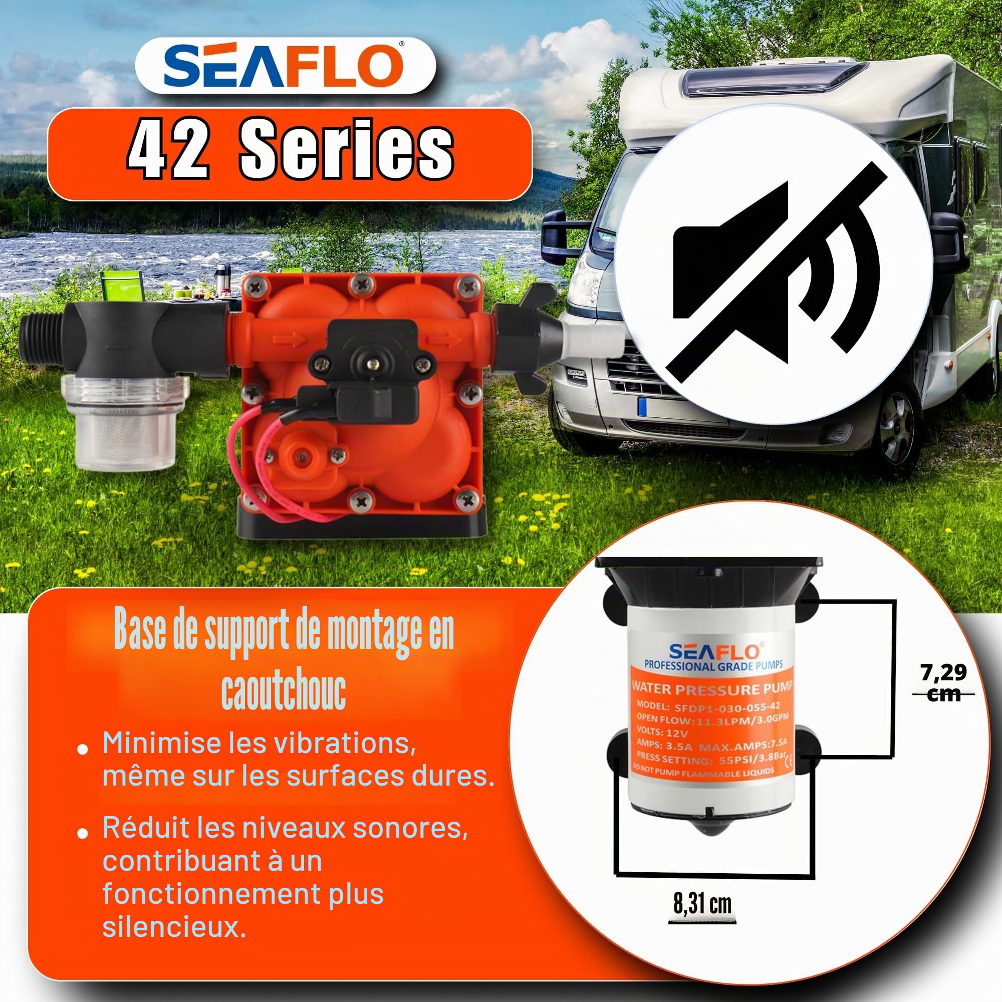 Seaflo Pompe à membrane série 42 avec dérivation pour vélo réduit 12 V/24 V 3,0 GPM 55 PSI (12 V)