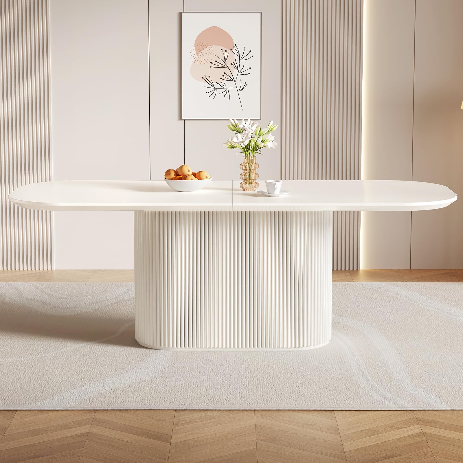 Guyii 86.61" Large Cream White Dining Table with Strong Pedestal Modern Oval Dining Room Table for 8 People Cream Kichen Table for Dining&Kichen Room Furniture