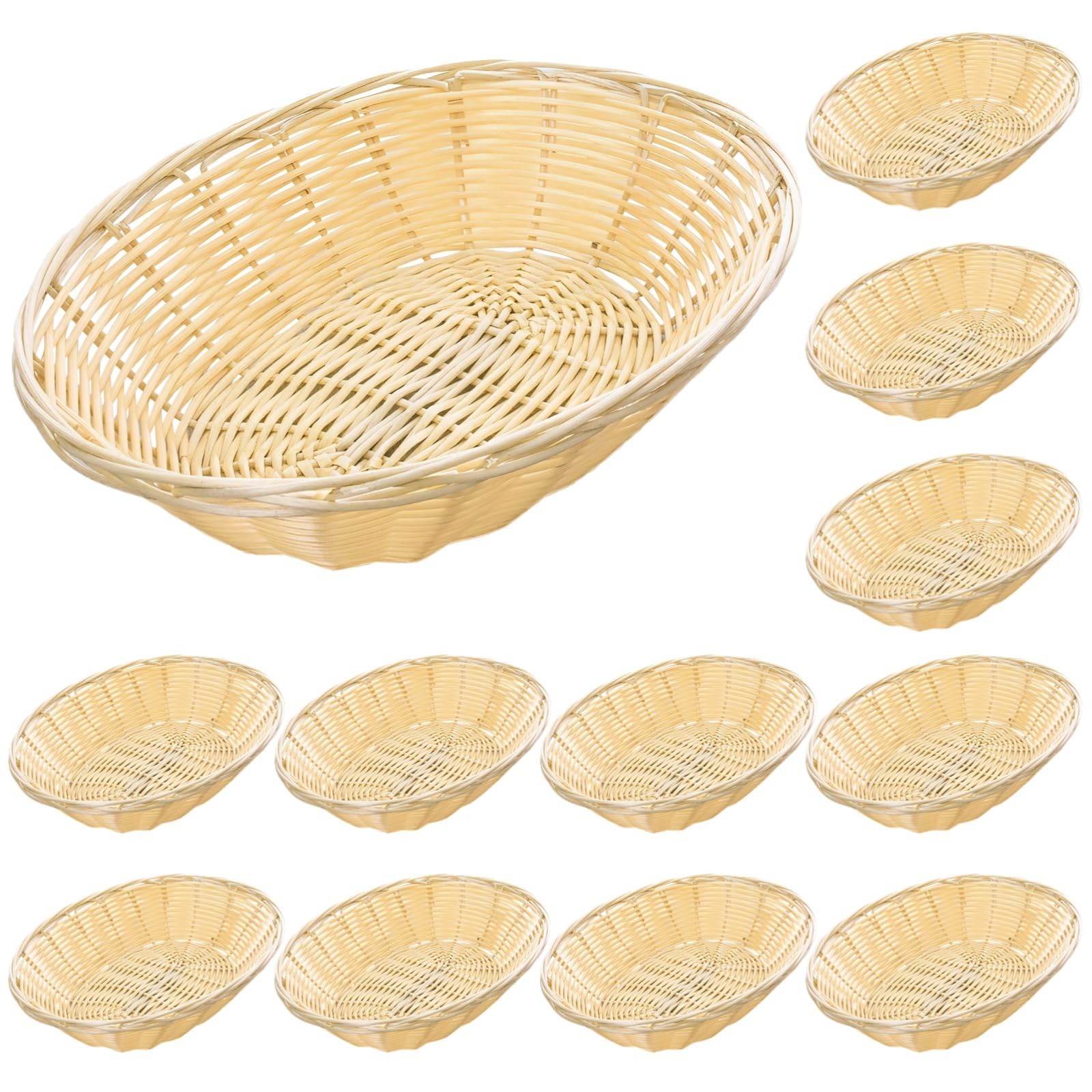 Lot de 12 paniers à pain en plastique tressé, bacs ovales pour présentation de snacks, adaptés aux boulangeries et confiseries, structure en PE, aspect osier, pour une mise en valeur soignée