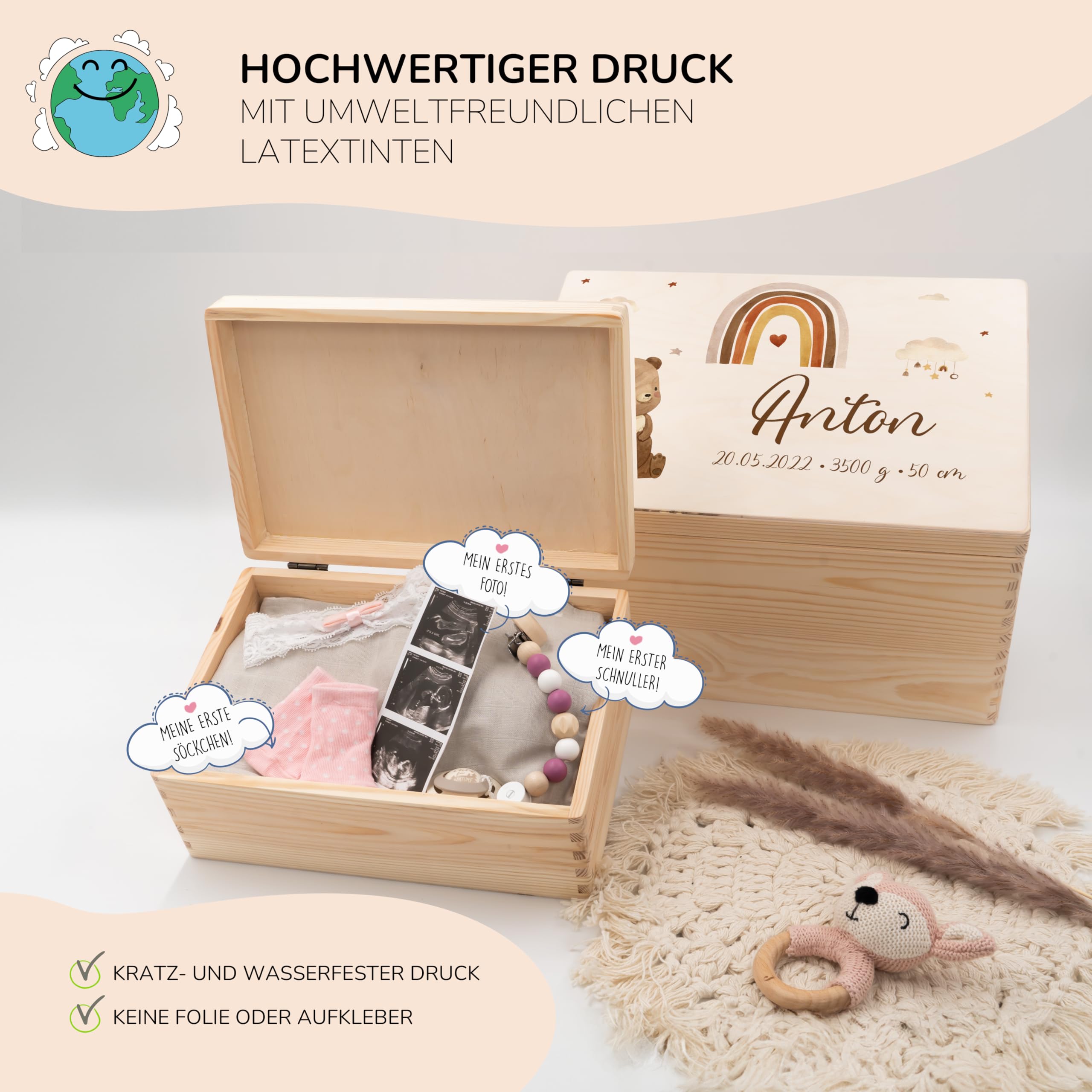KIDSMOOD - Erinnerungsbox Baby, personalisierte Holzkiste mit Deckel, Ideal zur Aufbewahrung von Erinnerungen und als Geschenk zur Geburt, Taufe oder als Geburtstagsgeschenk für Mädchen und Jungen