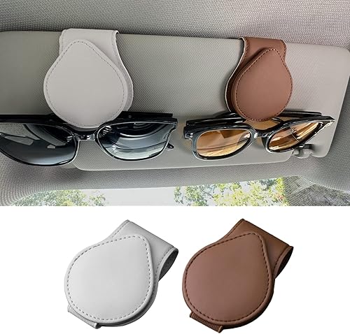 Juego de 2 soportes de lentes de sol para visera de automóvil  Juego de 2  Clip magnético de cuero para gafas de sol para coche (gris + marrón)