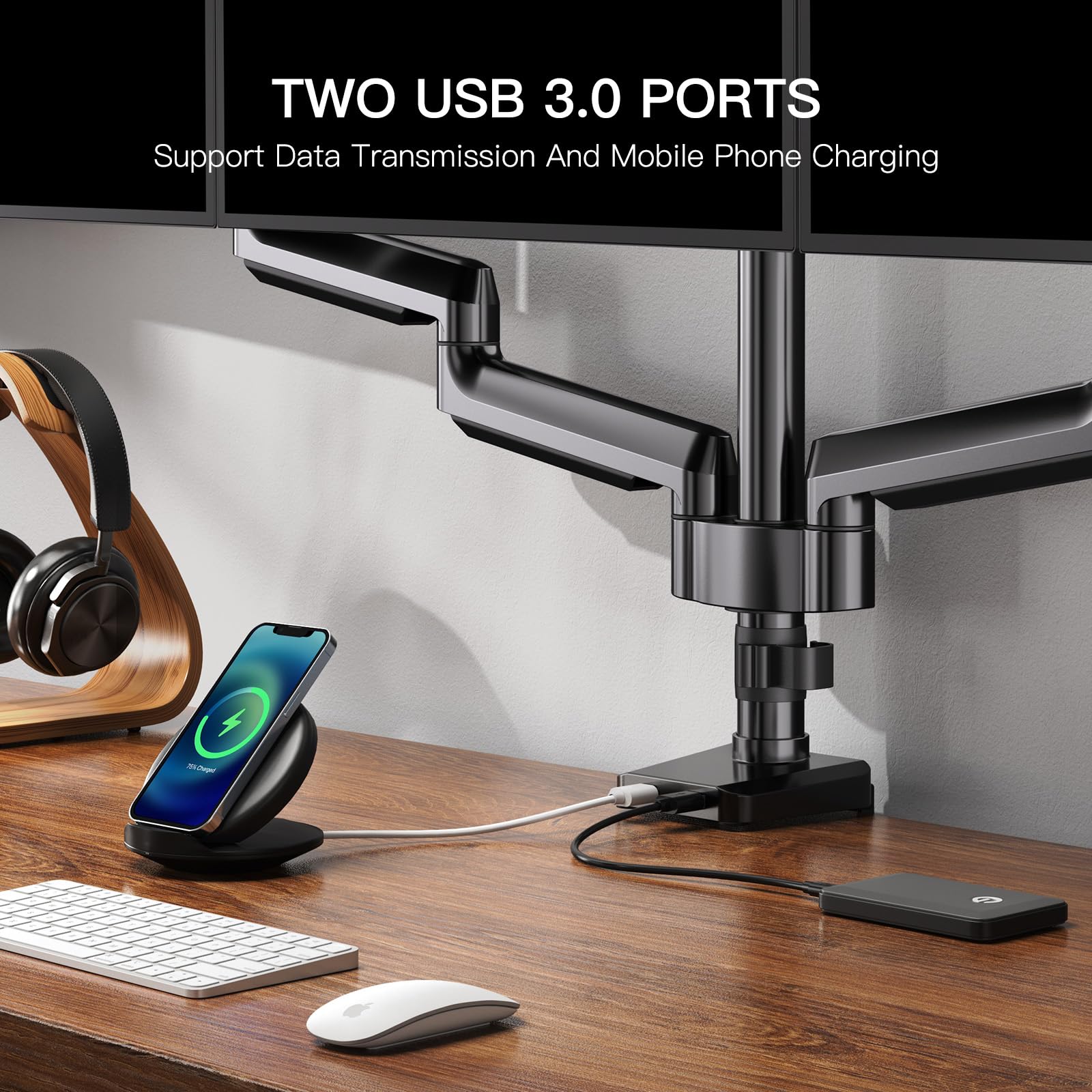 ErGear Monitor Halterung 3 Monitore für 13 bis 27 Zoll Bildschirme, Bildschirmhalterung 3 Monitore mit 2 USB-Anschlüssen; Jeder Monitorarm trägt max. 8kg, Gaming Monitorhaltrung mit VESA 75/100