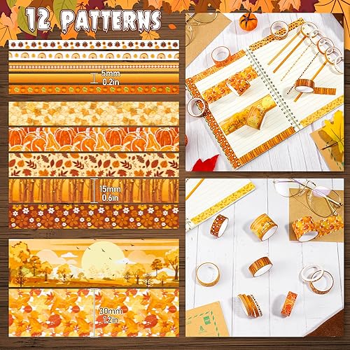 Miniatura 2 de Whaline 12 rollos de cinta washi de otoño de Acción de Gracias, calabaza de otoño, hojas de arce, cinta adhesiva de 3 tamaños, patrón de cosecha de