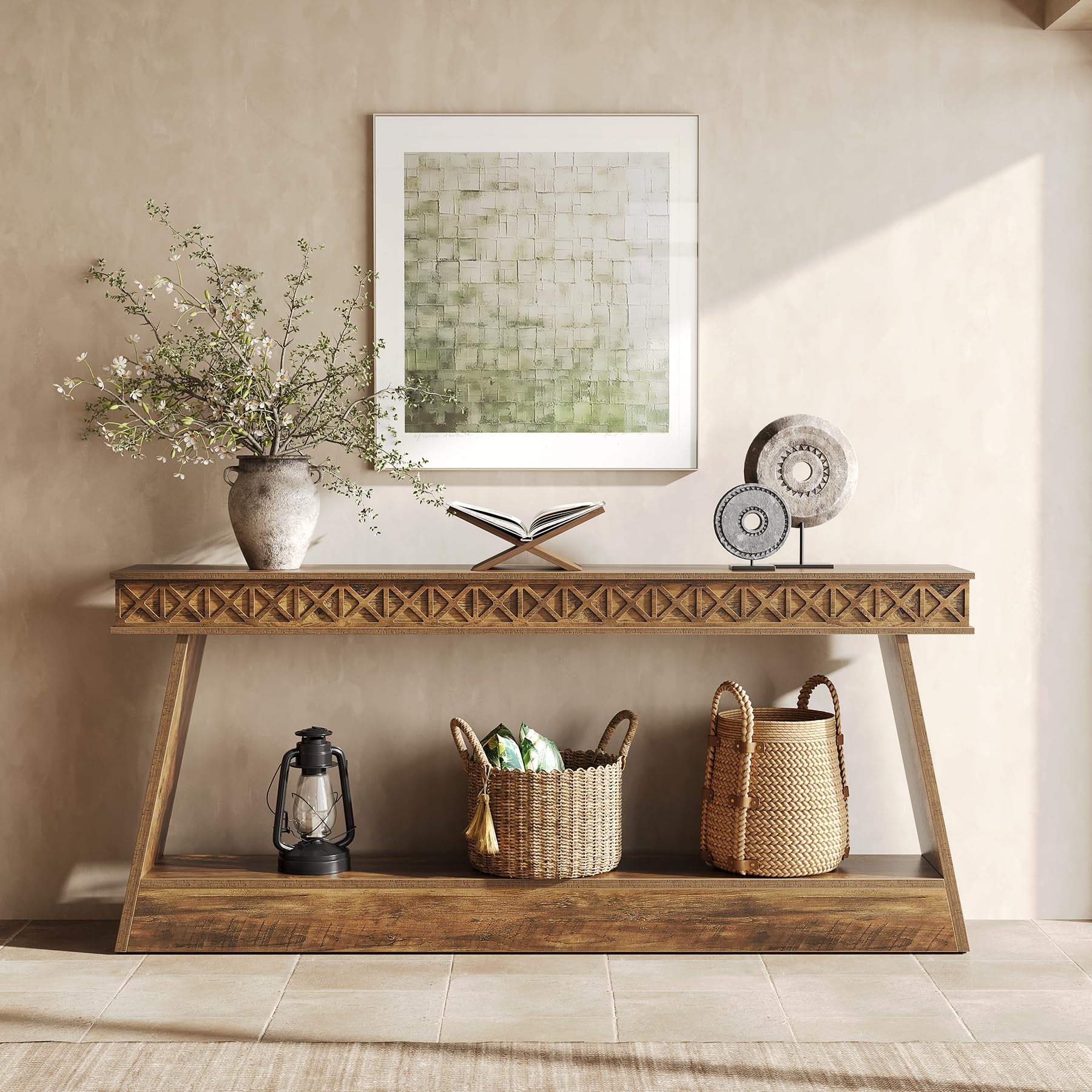 LITTLE TREE 70.87" Long Farmhouse Console Table, 2-Tier Shelf Narrow Accent Entryway Sofa Table for Living Room, Behind Couch, Hallway - Light Brown