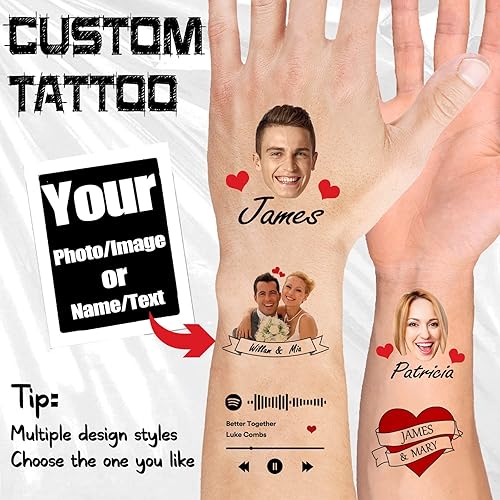 Miniatura 3 de YesCustom Tatuajes temporales personalizados con nombre, corazones de amor rojo, tatuaje de cara falsa personalizada con foto para mujeres y