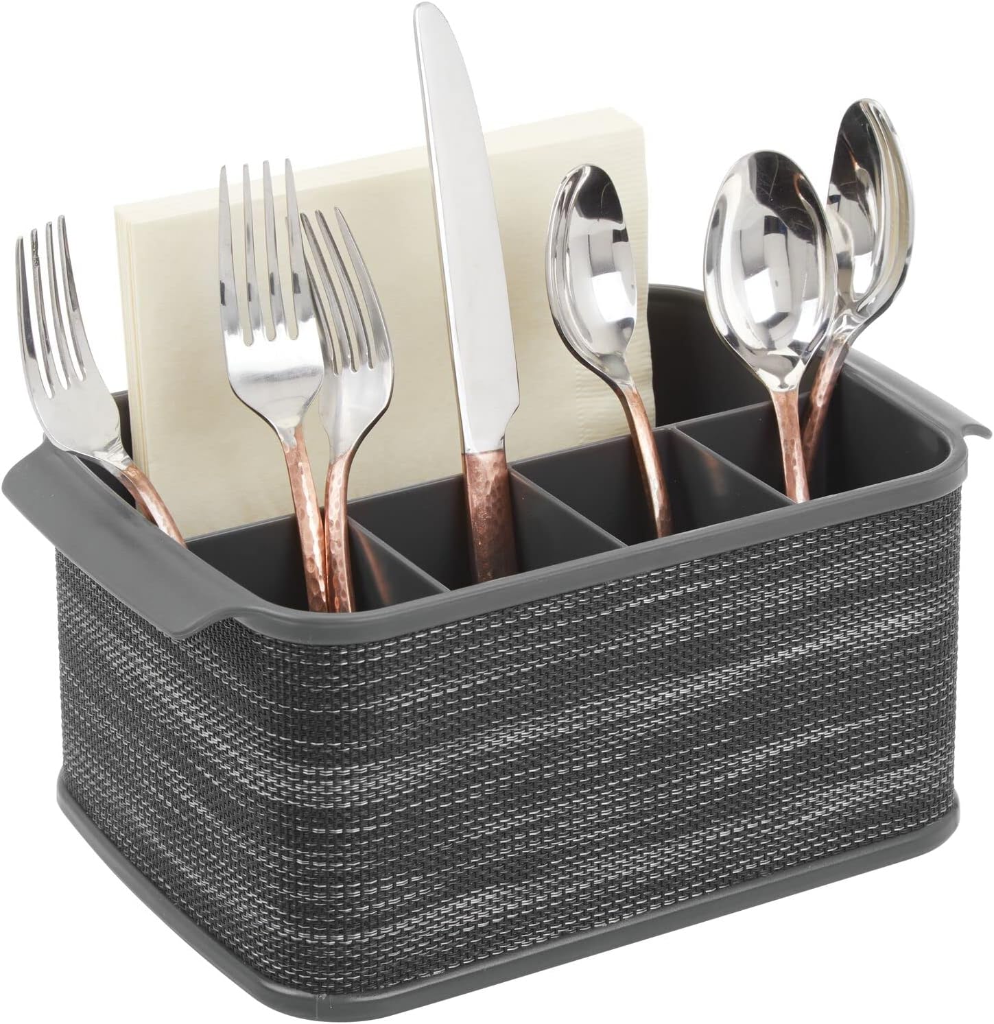 mDesignCutlery Holder with Handles – Decorative Cutlery Basket for Kitchen, Garden or Picnic – Storage Box with Large Compartments – Charcoal