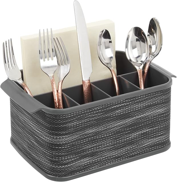 mDesign Cutlery Holder with Handles  Decorative Cutlery Basket for Kitchen, Garden or Picnic  Storage Box with Large Compartments  Charcoal