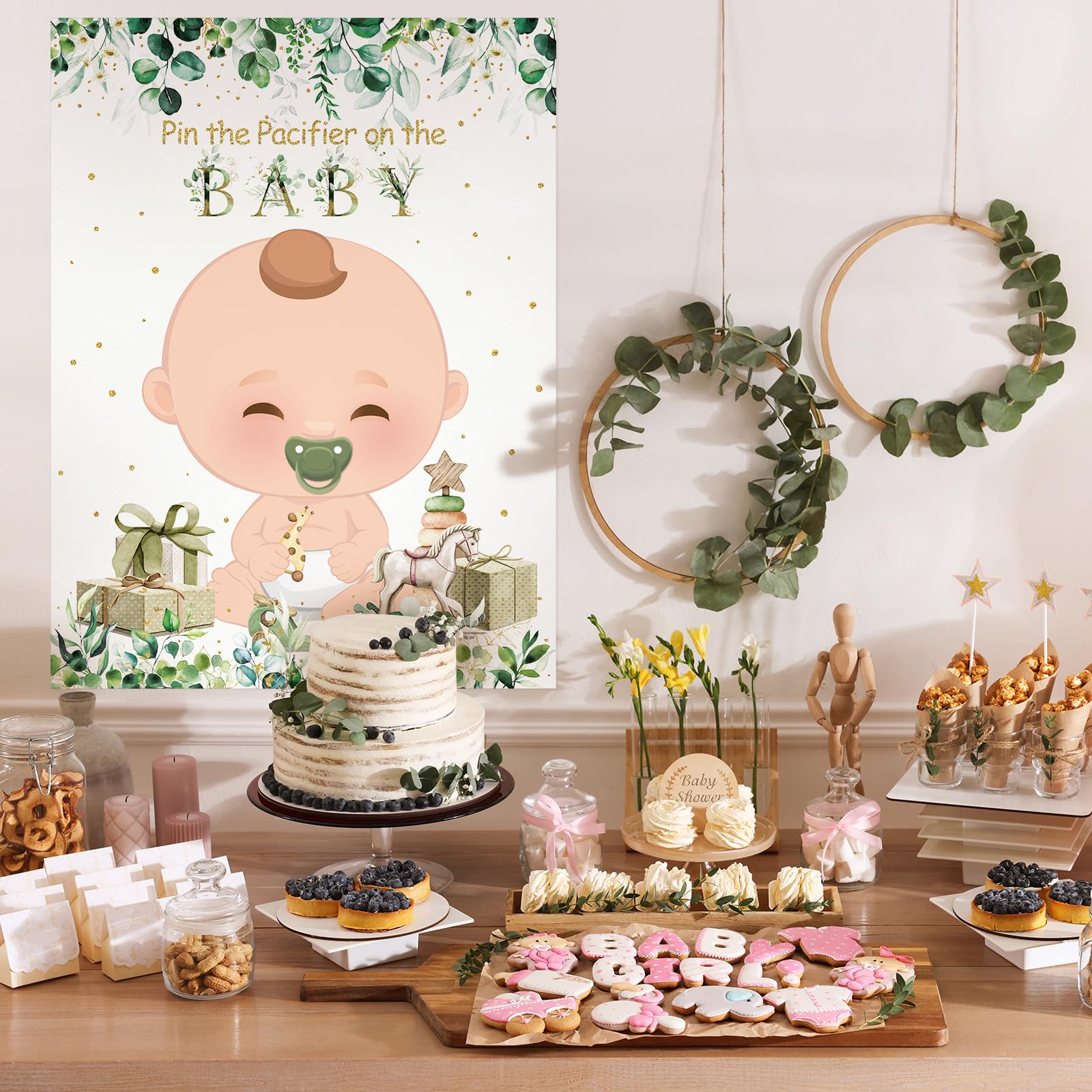 Sinmoe Juegos de Fiesta Pin the Pacifier on the Baby Decoración de Baby Shower de Verde Salvia Set de Carteles Ponle el Chupete al Bebé con 24 Pegatinas de Chupete Venda de Ojos para Cumpleaños Niños