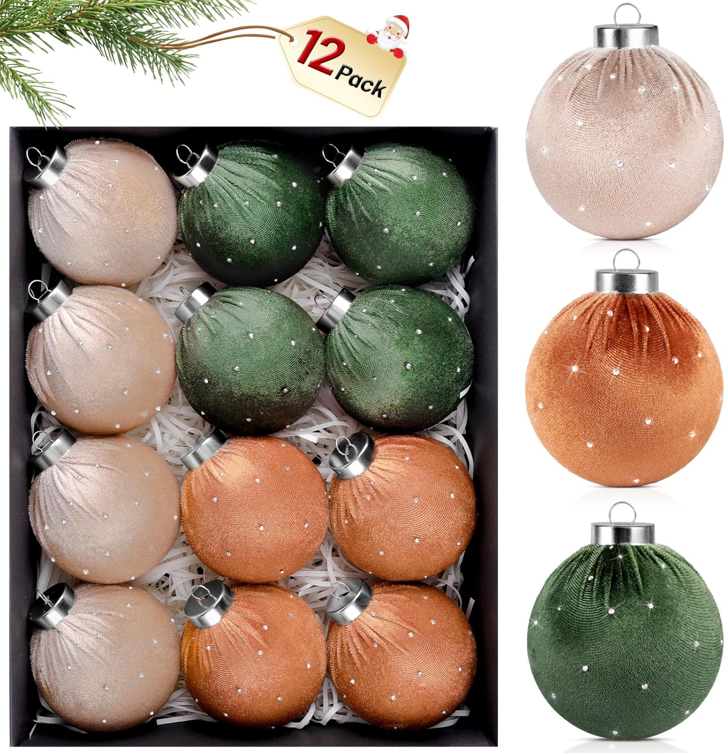 TonJin Christmas Tree Ornaments Velvet Balls 12 Pack, 3.15"/80mm Glitter Shatterproof Hanging Flocked Large Xmas Bulbs Decorations, Lightweight,Green Burnt Orange Neutral Holiday Party Home Decor Burnt Orange&dark Green&neutral 3.15"/80mm