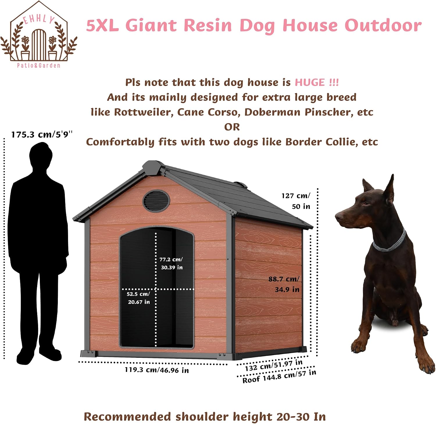 EHHLY 57" Extra Large Dog House Outdoor,Durable Resin DogHouses with 16mm Thick Durable Walls,14 Sq. ft Activity Space&Dual Air Vents,Suitable for Pets Up to 300lbs(57Lx47Wx50H, Brown)