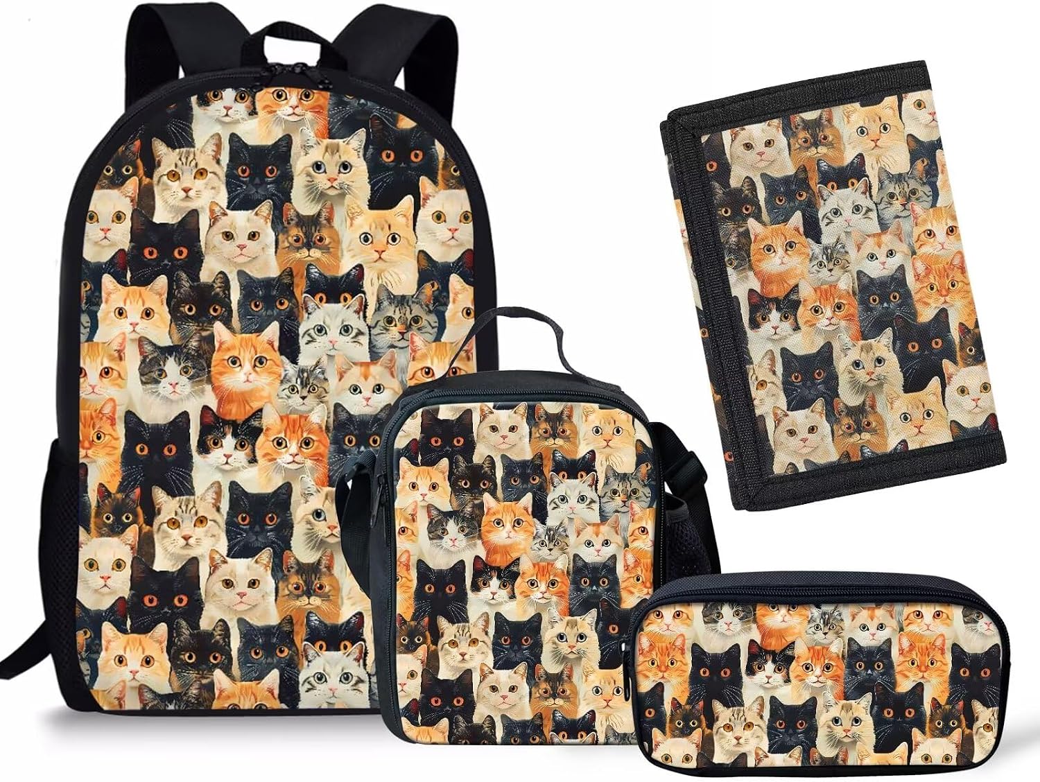 Rnyleeg Cute Girls Cat Backpack Set,4 Pack Toddler Girls Preschool Kindergarten Bookbag Schoolbag Set with Pencil Holder,Lunch Box&Children Trifold Wallets