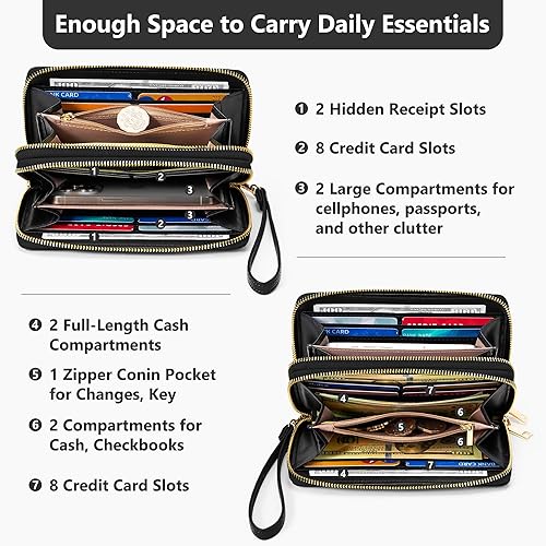 Miniatura 7 de Espera Cartera de mujer con bloqueo RFID de gran capacidad, tarjetero con doble cremallera, de cuero, con cartera para mujer con correa para la