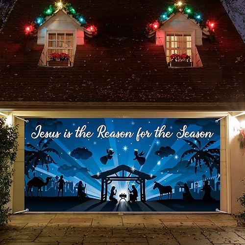 Miniatura 4 de Cubierta de pancarta para puerta de garaje de 6 x 13 pies grande para exteriores Navidad pesebre escenario religioso telón de fondo de Navidad