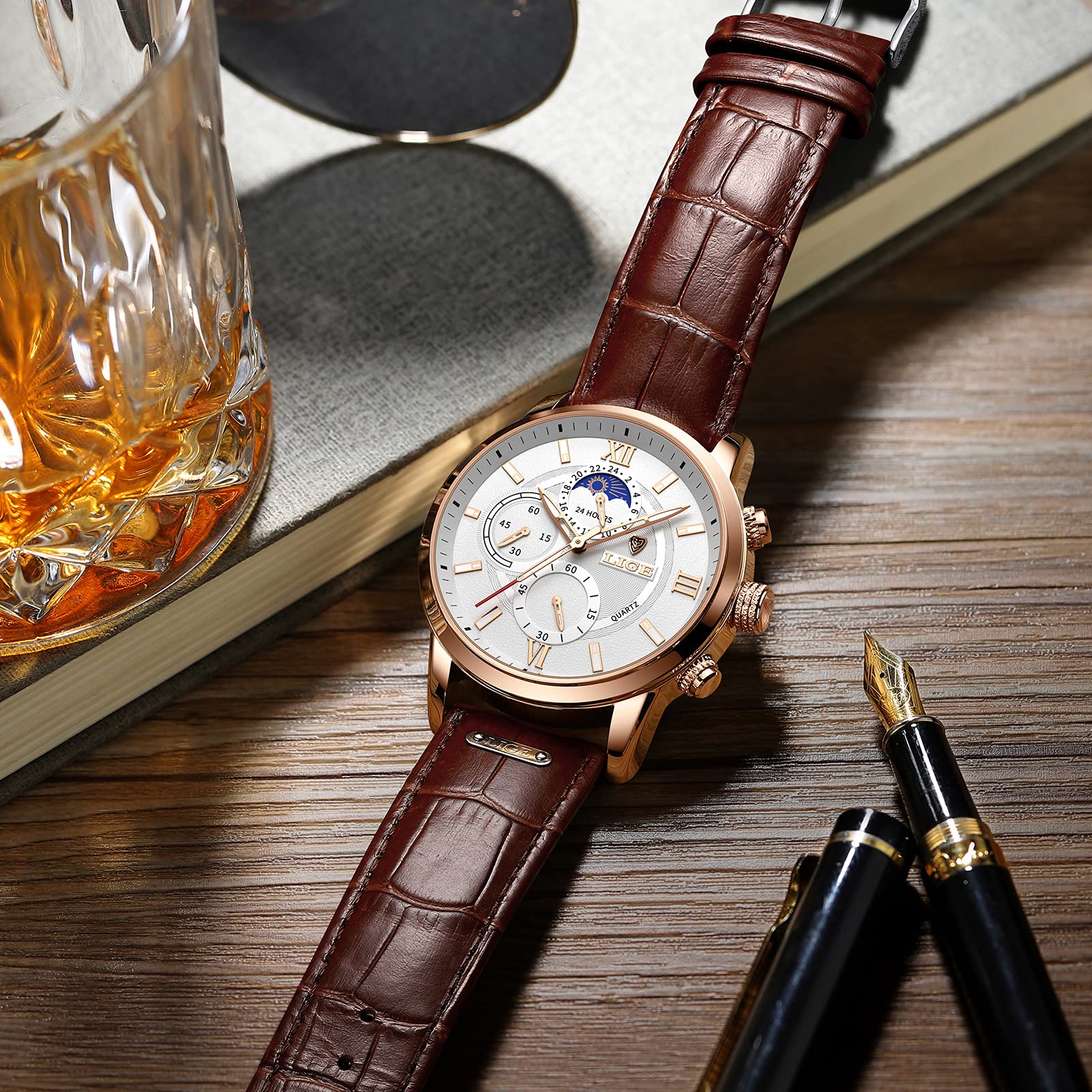 LIGE Relojes Hombre, Reloj de Pulsera de Cuero con Correa de Cuero para Vestido de Negocios de Cuarzo Analógico a Prueba de Agua a la Moda para Hombres