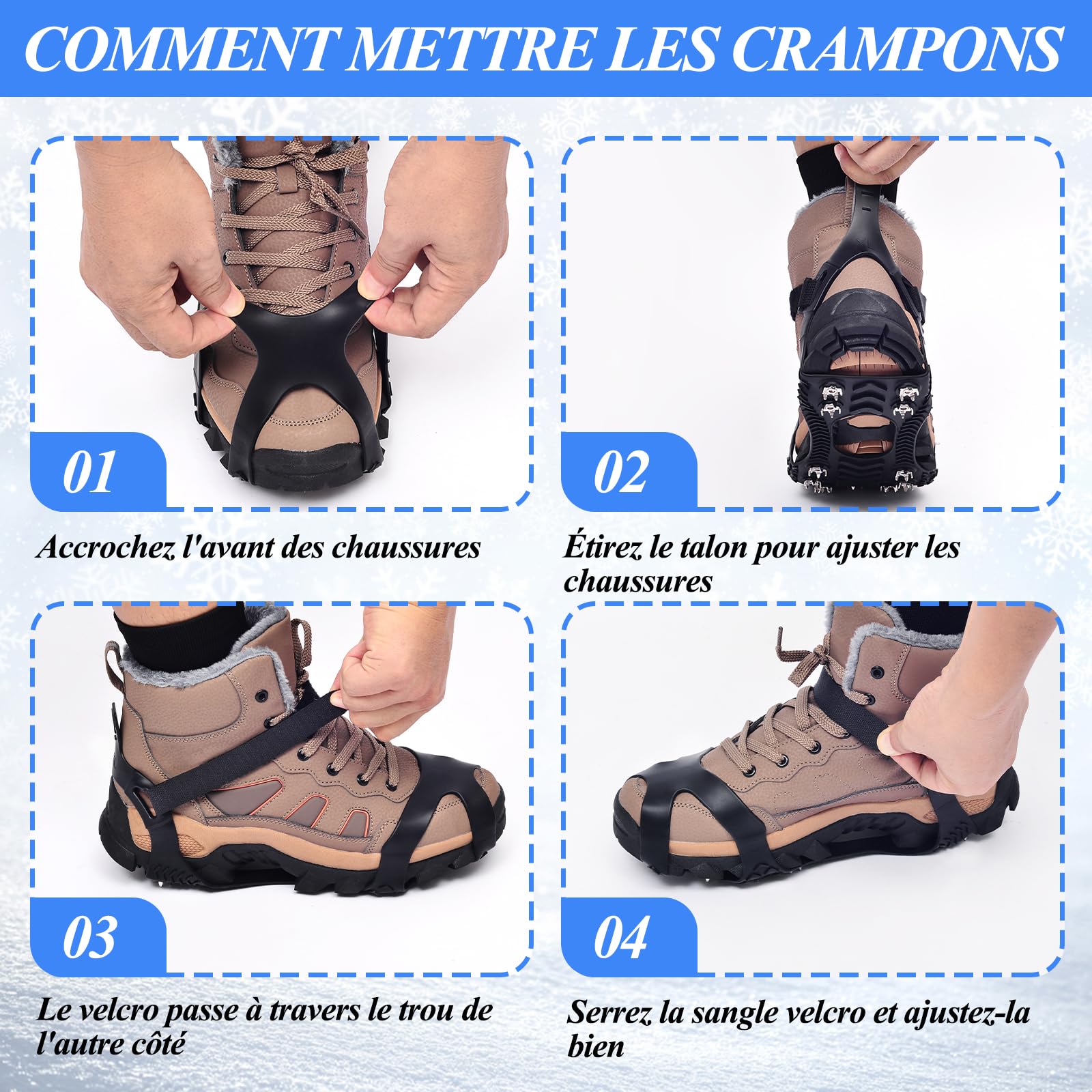 HONYAO Crampons, Crampon Neige Chaussures Bottes, Crampons à Glace pour Hommes Femmes, Véritables Pointes en Acier Inoxydable et Silicone Durable, Anti-Slip Crampons pour Marche Randonnée Pêche
