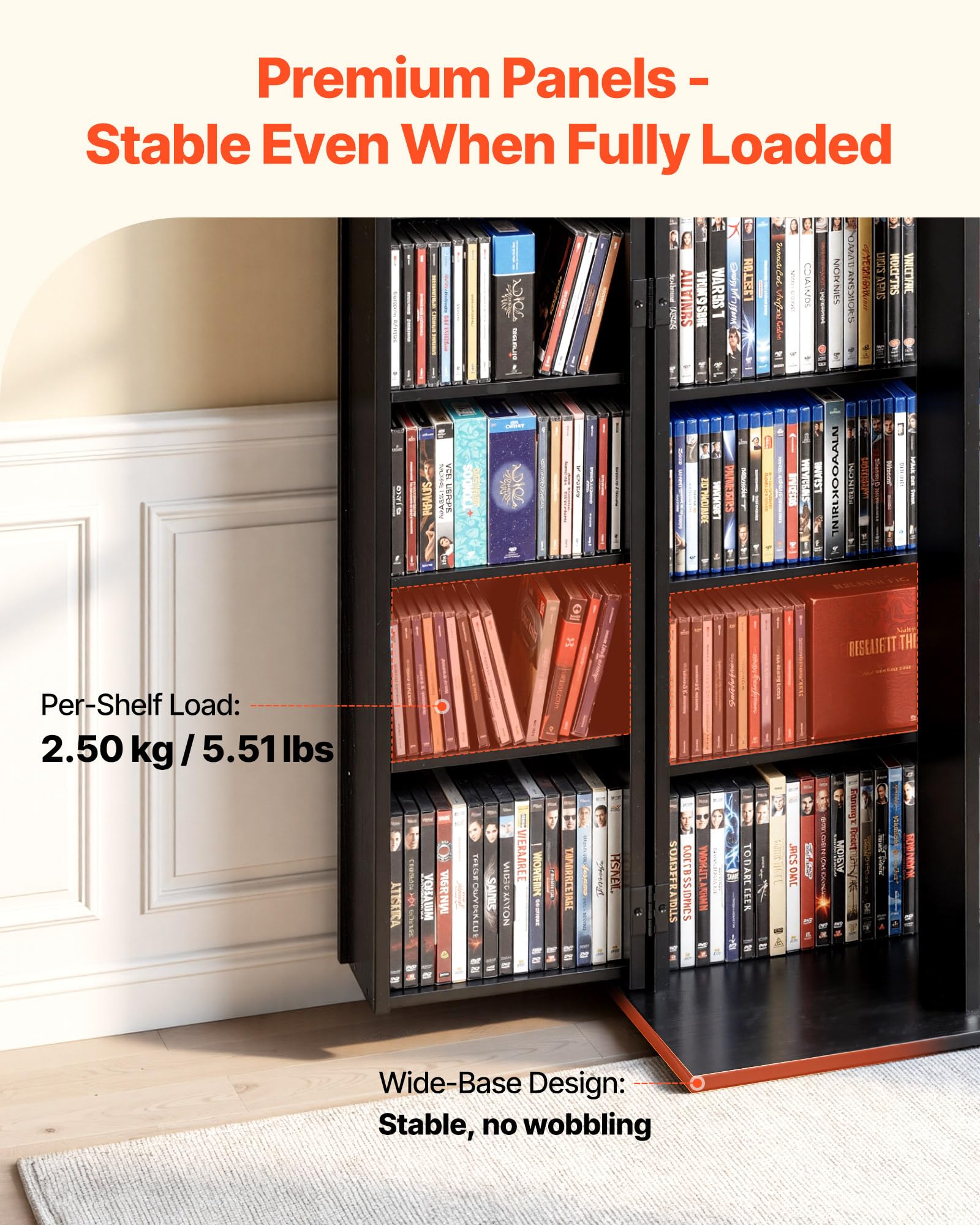 VEVOR Armadietto Portaoggetti Multimediale 6 Ripiani, Mobiletto per CD DVD Giochi con Ante Ripiani Regolabili da Ufficio Studio Soggiorno, Mobiletto Portaoggetti Libri CD DVD 610x368x1270 mm, Nero