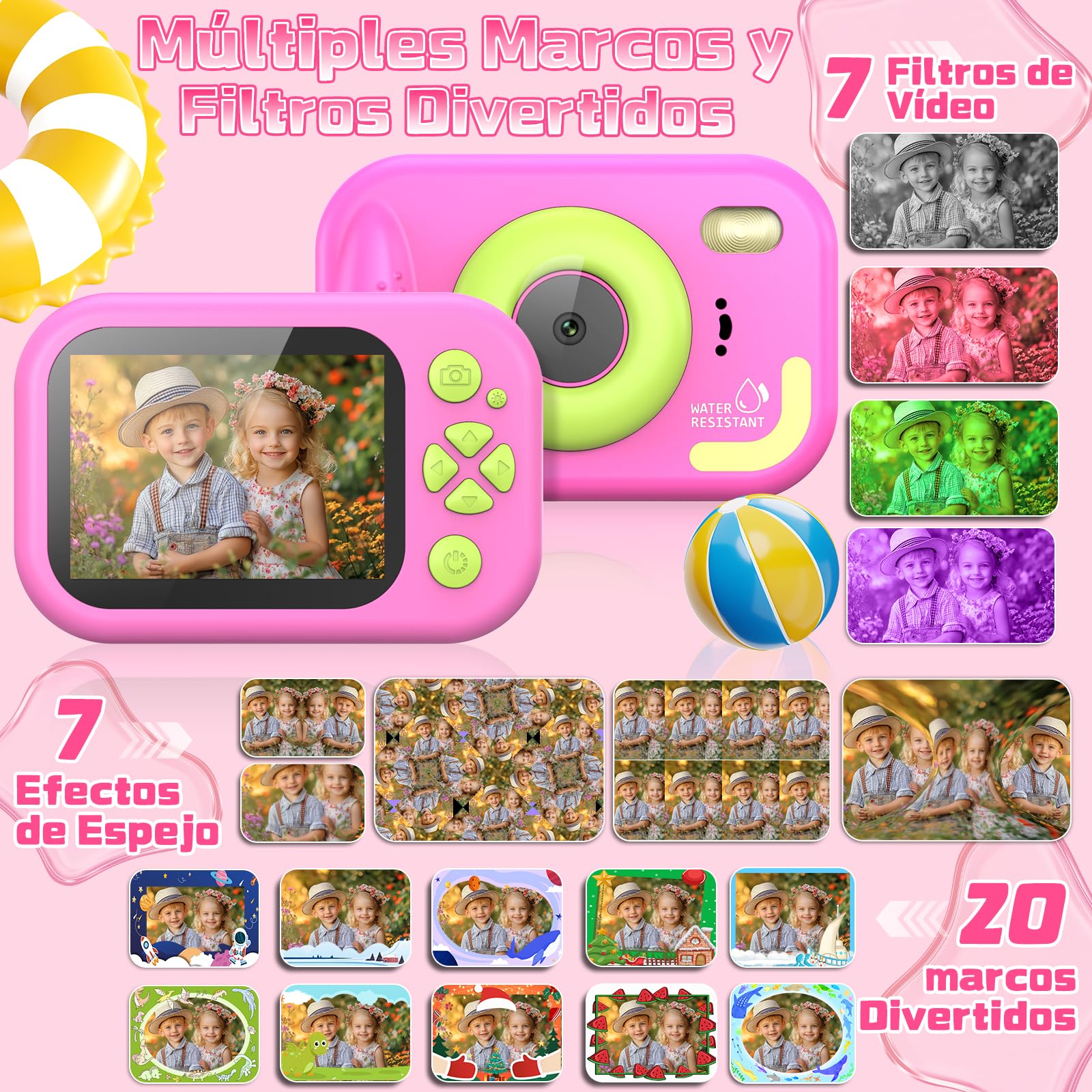CHAKEYAKE Camara Acuatica Infantil, 1080P IP67 Cámara Fotos Impermeable con Tarjeta 32GB, Pantalla de 2.4'', Zoom Digital 10X, Juguete para Piscina y Playa, Regalo para Niños Niñas de 3–12 Años