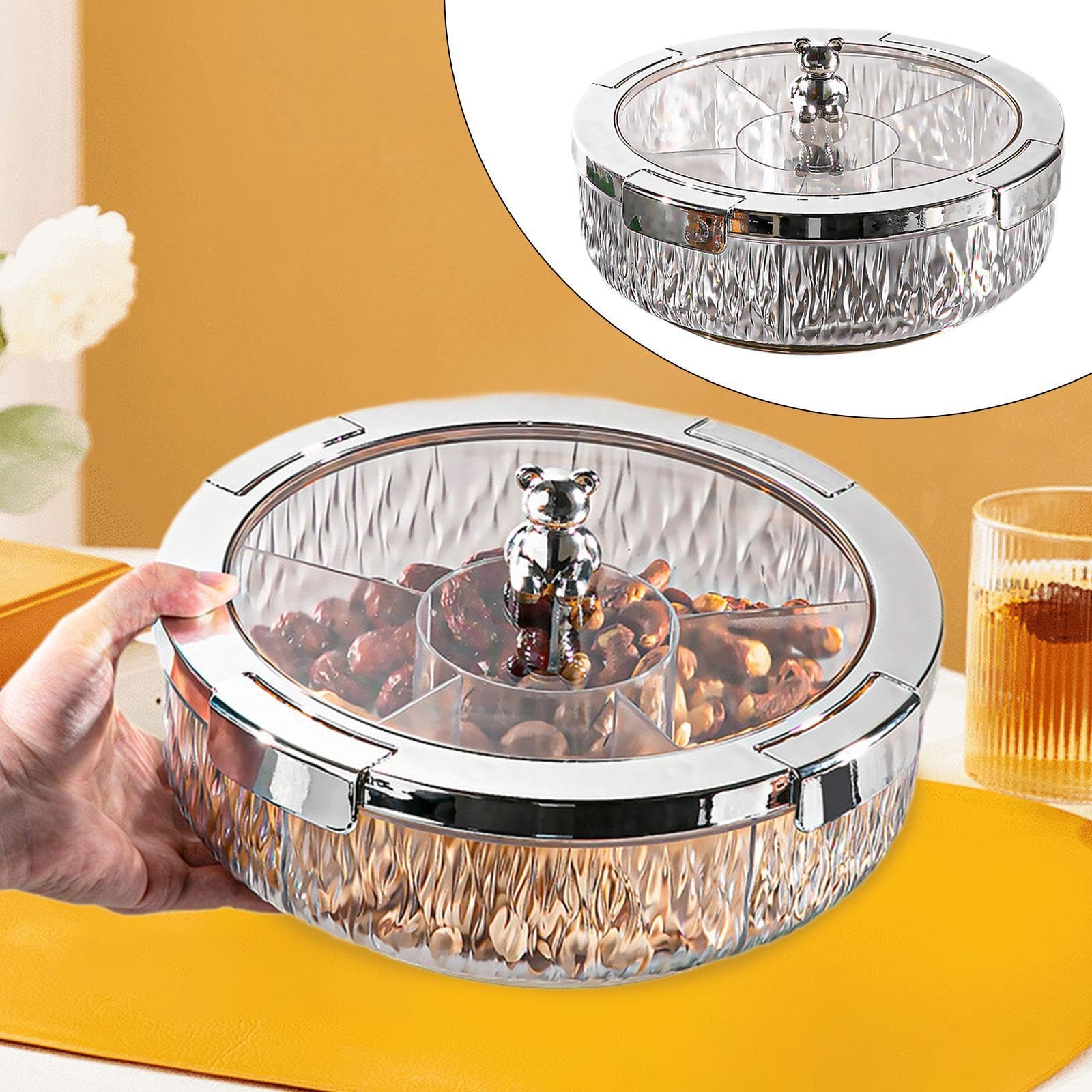 perfk Teller mit getrockneten Früchten, unterteilte Servierschalen, drehbar, mit Deckel, Schale für Süßigkeiten und Nüsse, Serviertablett für Vorspeisen, Grau