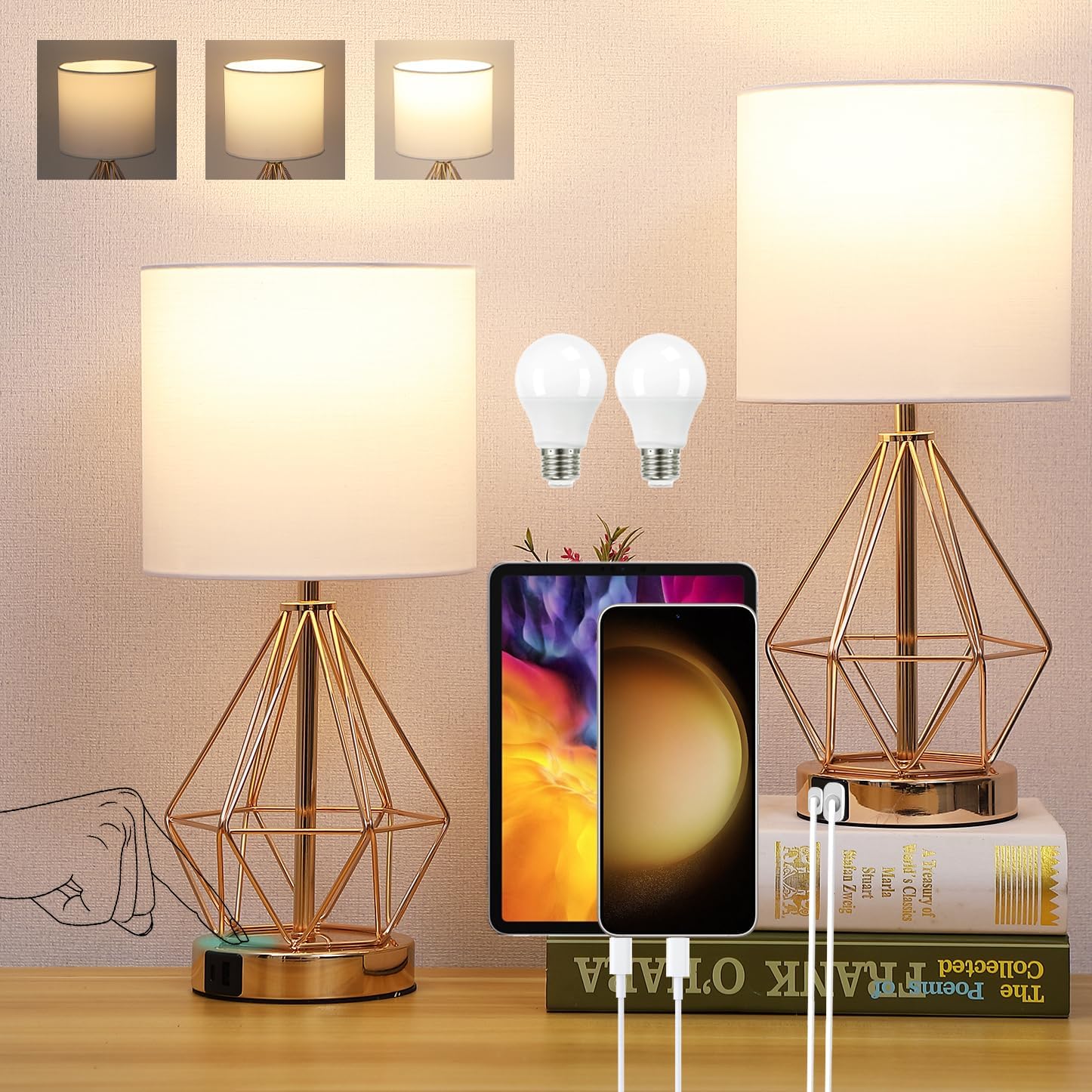 Gold Bedroom Lamps Set of 2, 3 Way Dimmable Touch Table Lamp with USB A+ C Port, Modern Small Lamp for Nightstand with Fabric Shade, Brass Bedside Lamp for Bedroom Living Room, 2 LED Bulbs Included