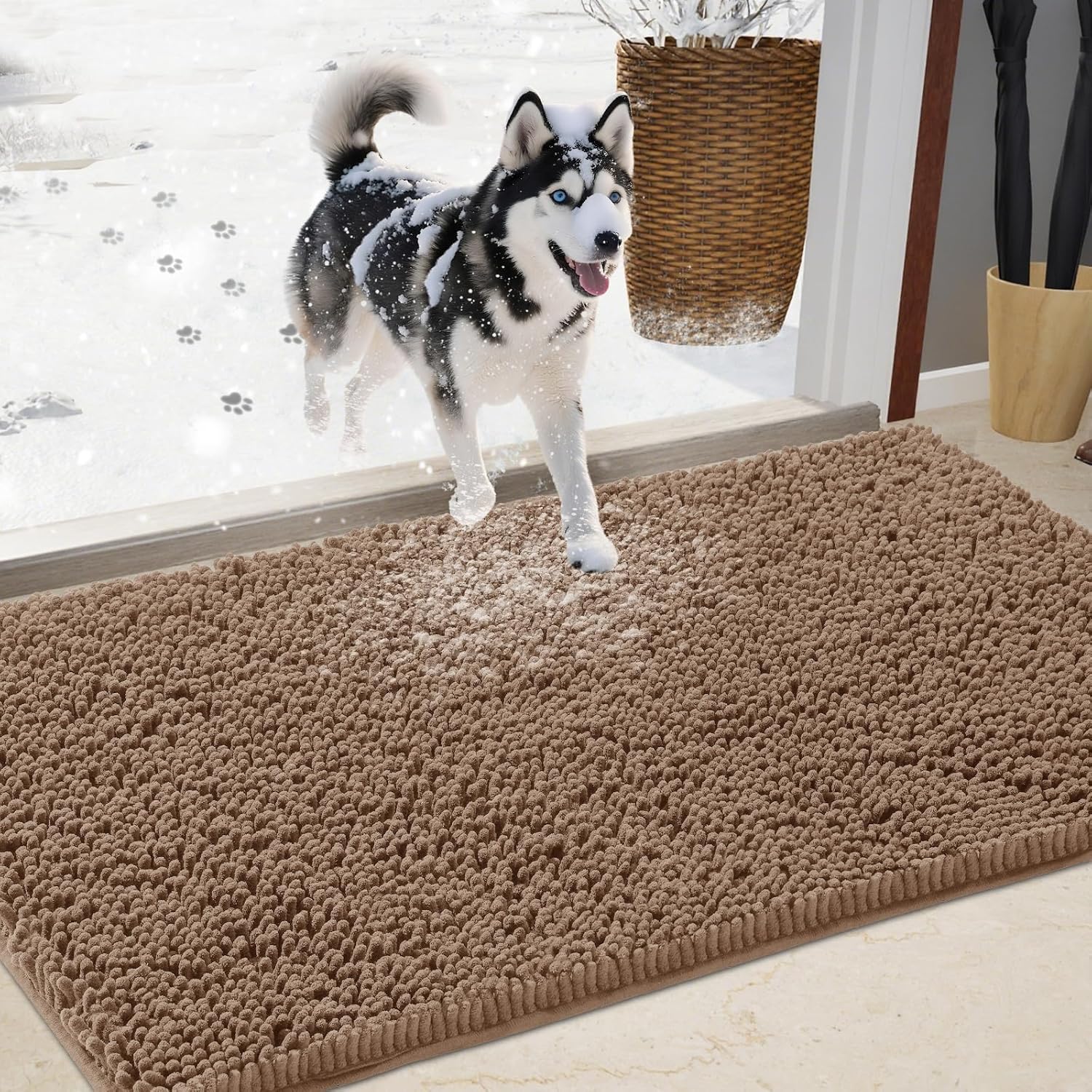 IM HOME Chenille Absorbent Outdoor Doormat 48" x 30", Washable Muddy Door Mats for Dog Non Slip Indoor Doormat Dog Mat for Muddy Paw Front Inside Doormats for Entryway Camel