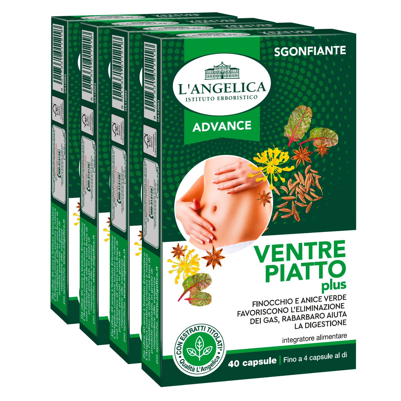 4x L'Angelica Ventre Piatto Plus Integratore Alimentare per il Gonfiore Addomina