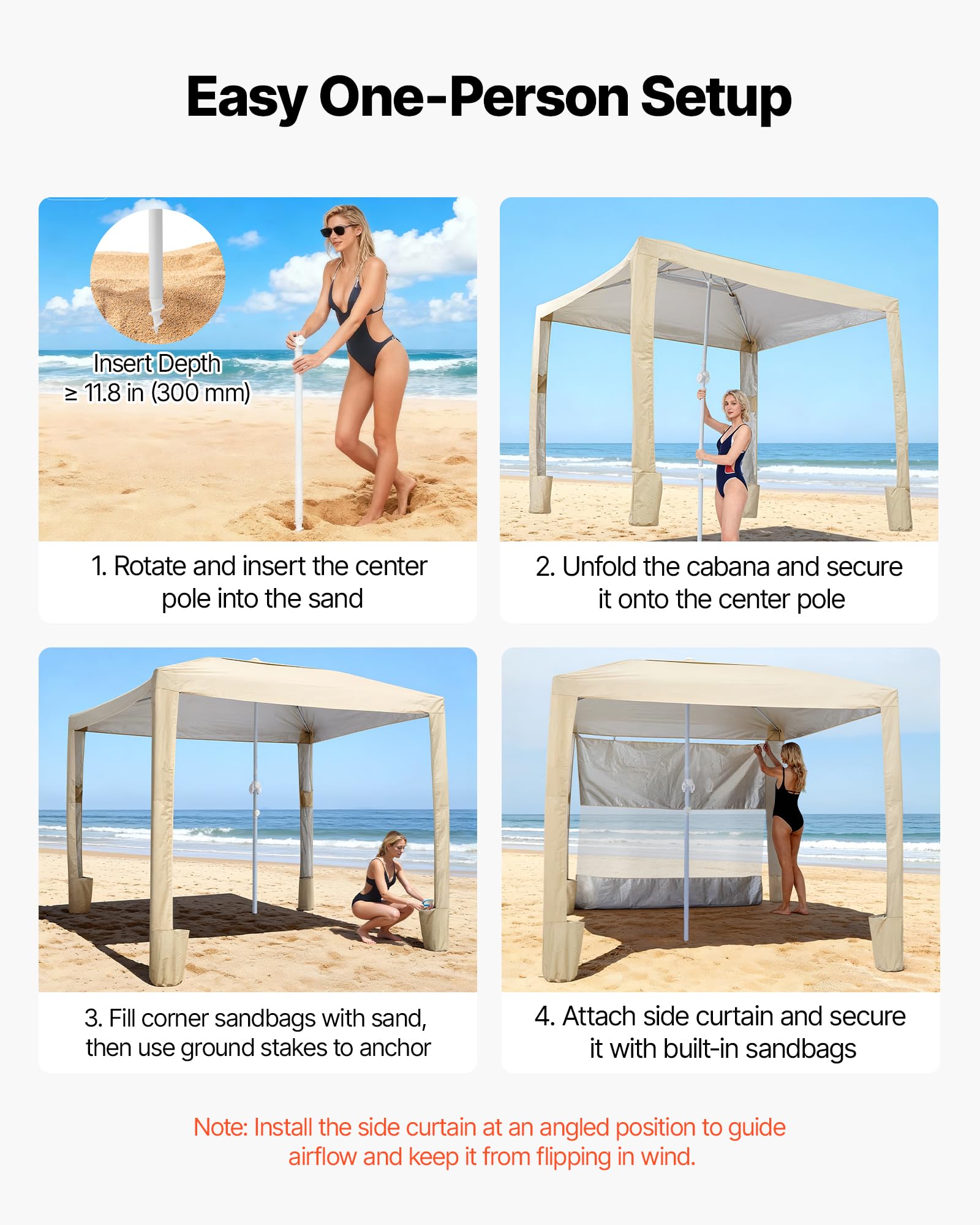 VEVOR Cabaña de Playa 2,4 x 2,4 m, con Pared Lateral, Protección Solar UPF 50+, Pabellón de Playa con Sacos de Arena, Sombrilla Portátil y Ajustable en Altura para Familiares y Amigos, Caqui