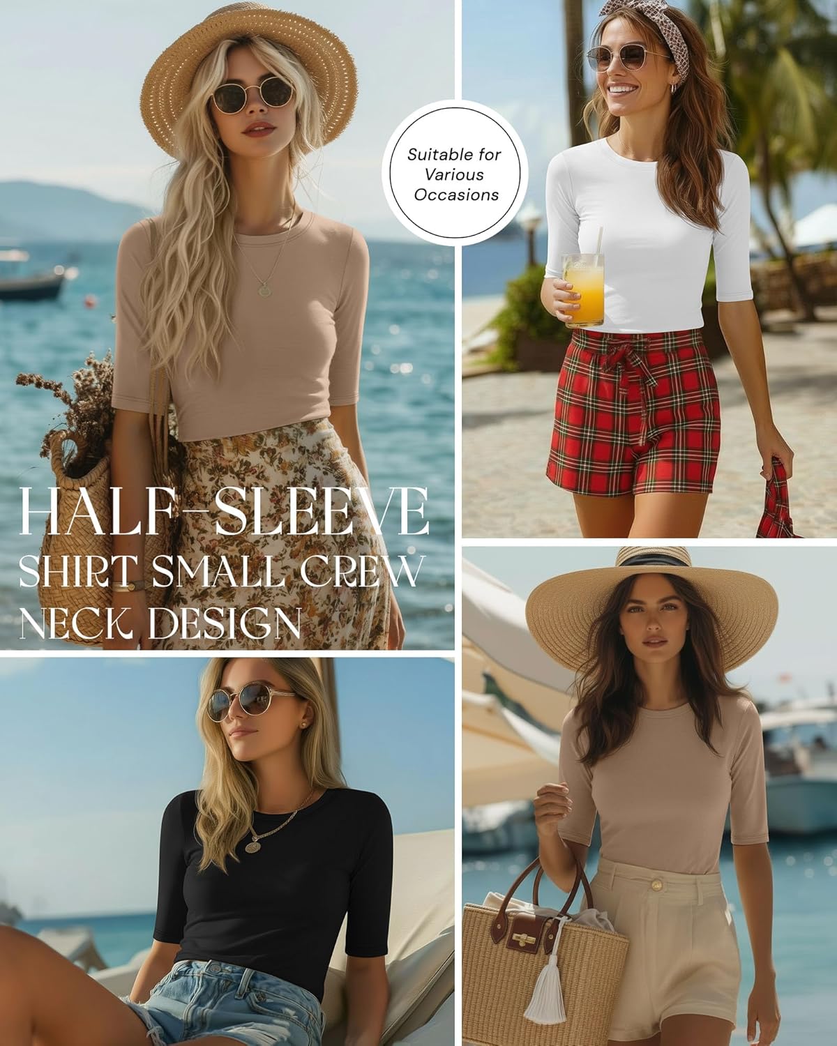 Riyiper 3 Pack Women's Half Sleeve Tops Crewneck 1/2 Sleeve T Shirts Elbow Length Tops Slim Fit Cotton Blend Basic Tees - Image 2