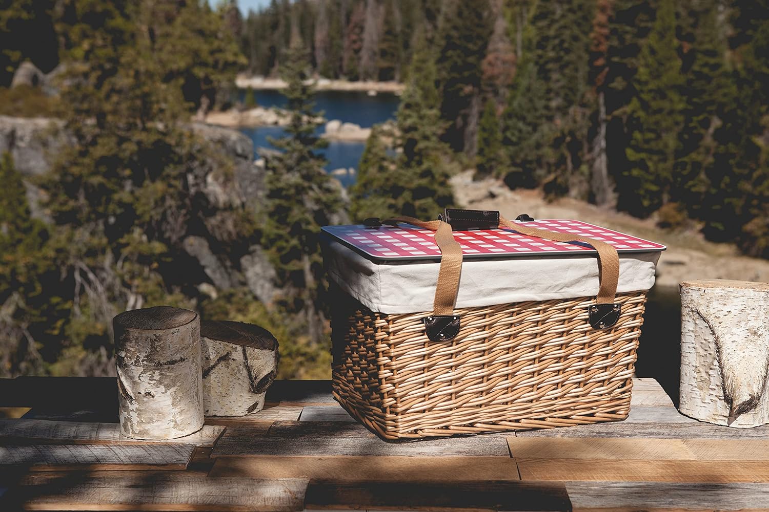 PICNIC TIME Canasta Grande Wicker Picnic Basket, Classic Large Wicker Basket for 2 with Handwoven Willow Design, Removable and Customizable Lid, (Beige Canvas with Red & White Gingham Pattern Lid)