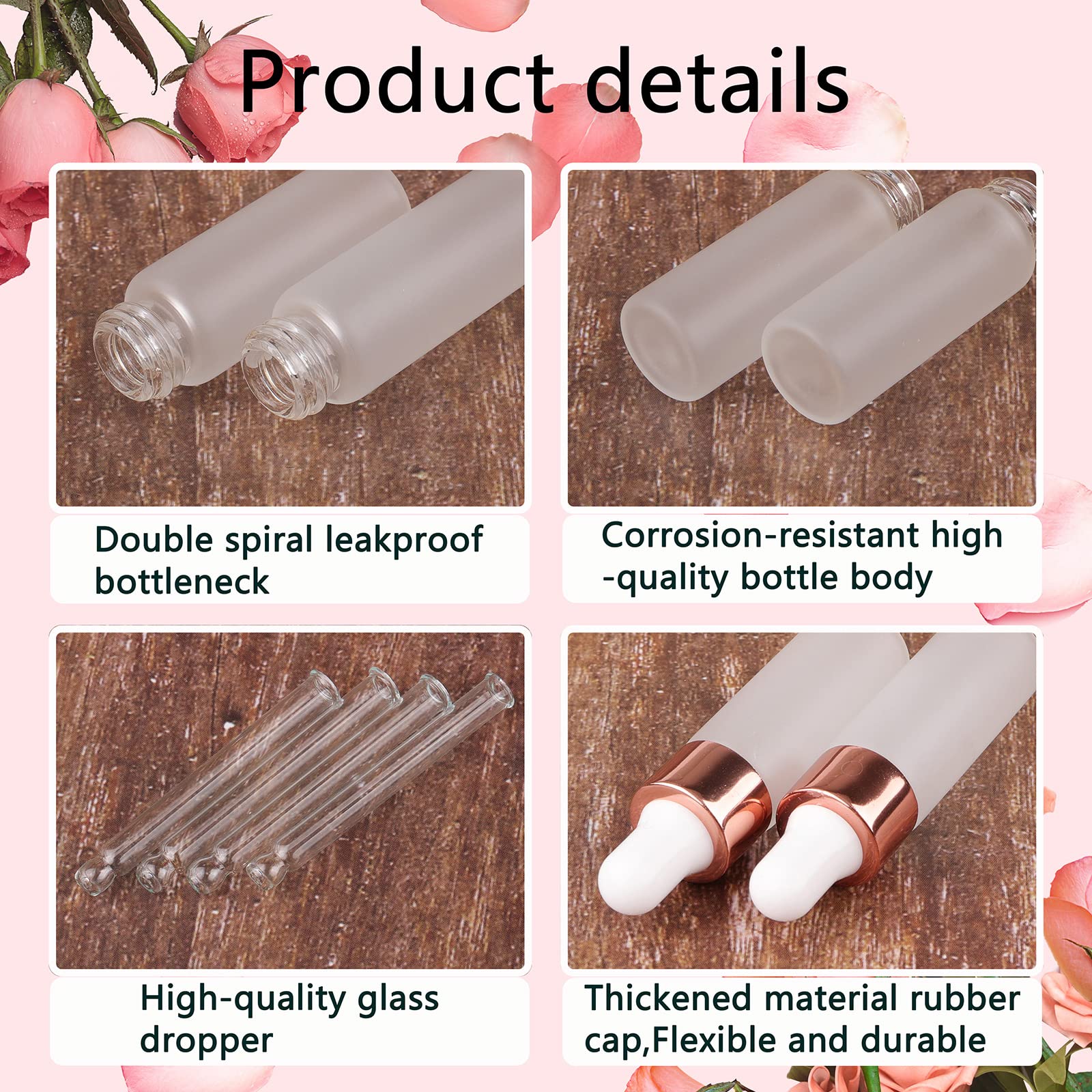 Kesell Lot de 50 flacons compte-gouttes en verre dépoli rechargeables de 5 ml pour huiles essentielles, parfum, essence, lotion, soins de la peau avec 3 entonnoirs, bouchon or rose