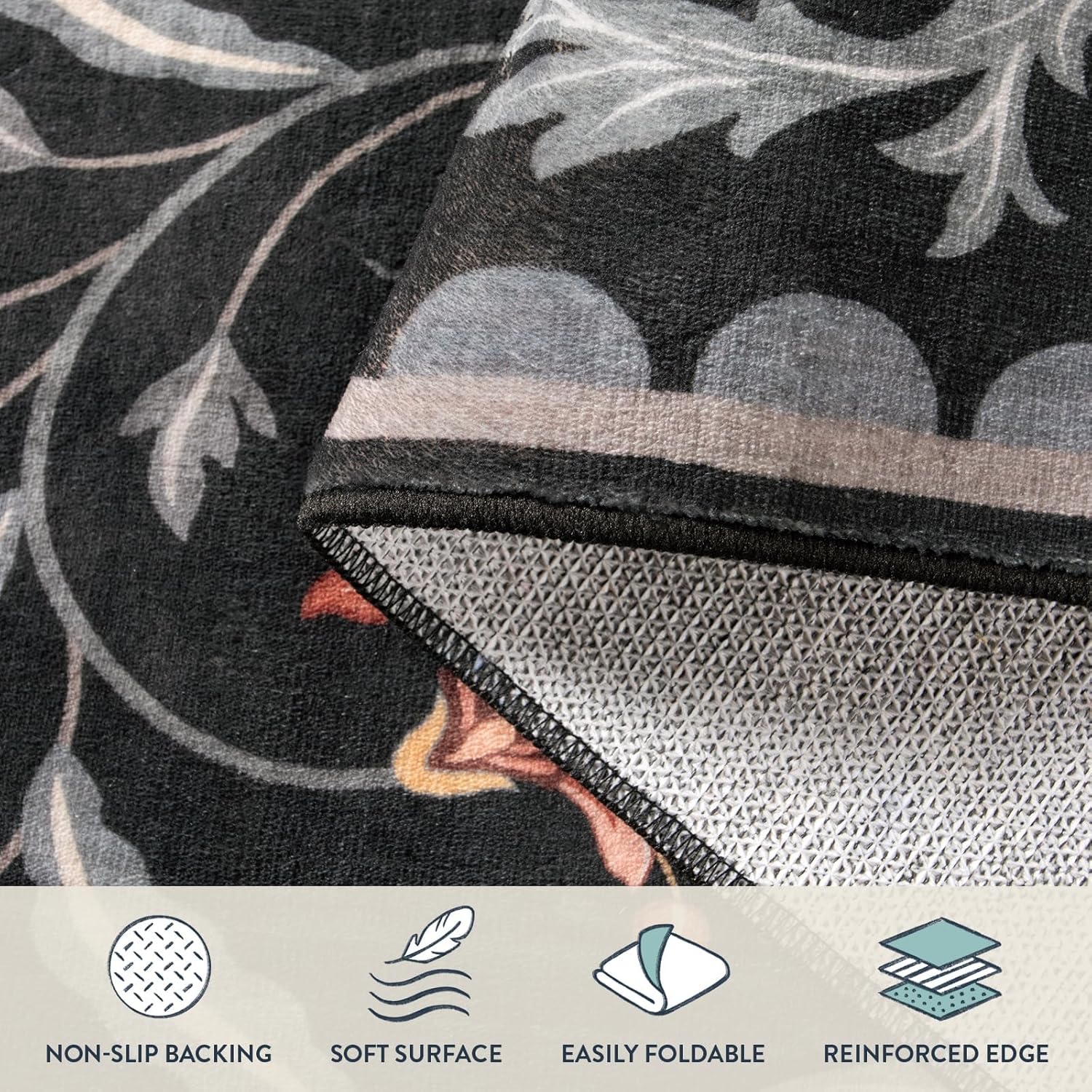 Lahome Boho Floral 2'6"x8' Washable Runners for Hallways, Kitchen Runner Rugs Non Skid Ultra-Thin, Soft Hallway Rug Throw Carpet Runners for Bedroom Bathroom Laundry Room (Black,2.6x8ft)