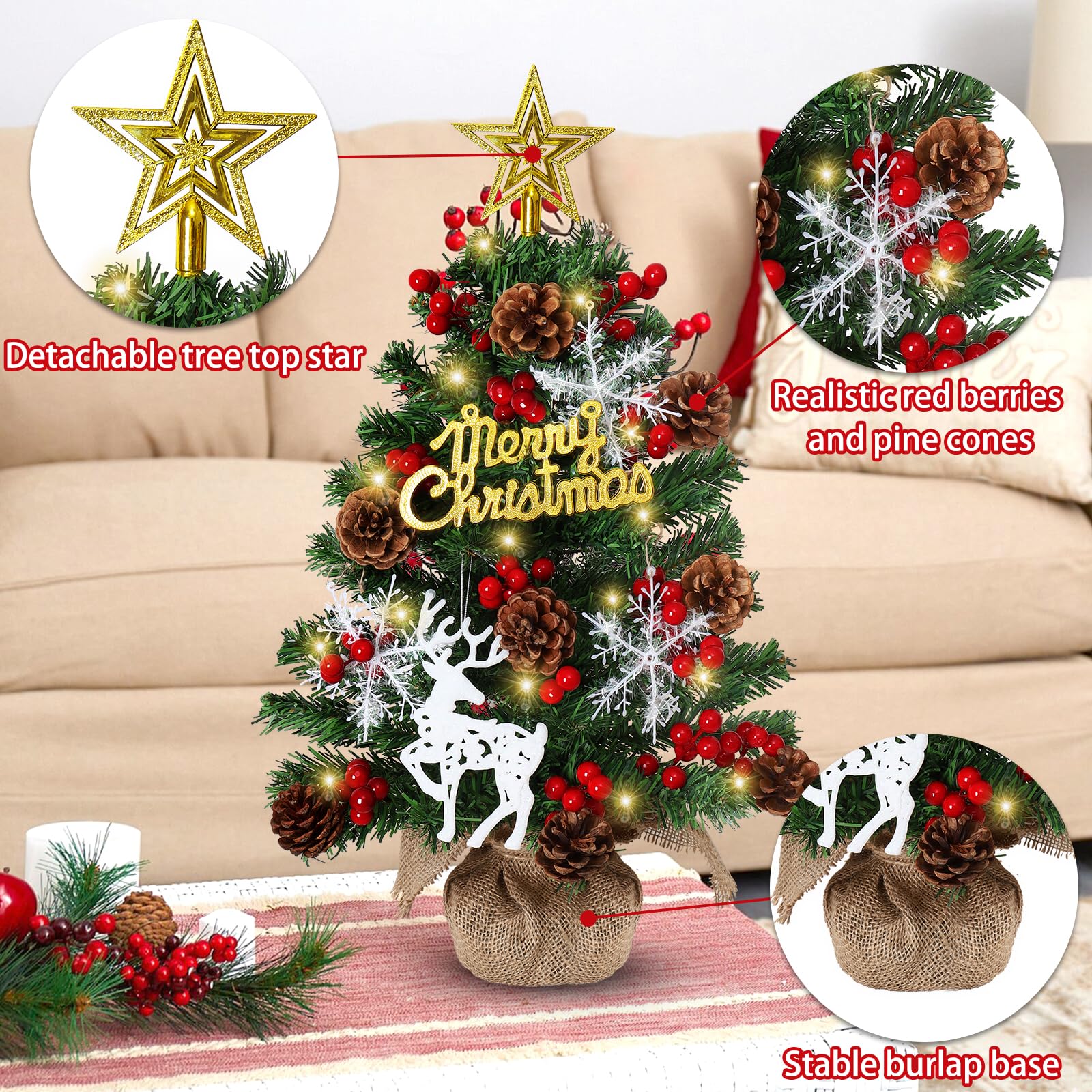 Sapin De Noël Artificiel Décoré 60cm - Mini Sapin Réaliste Avec Boules, Ruban, étoile Pour Table Ou Décoration