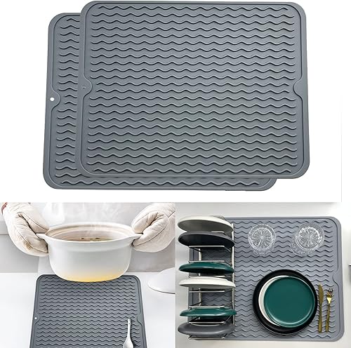 Tapete de silicona para secar platos para encimera de cocina, resistente al calor, apto para lavavajillas, resistente al calor (gris, 2 unidades, 12