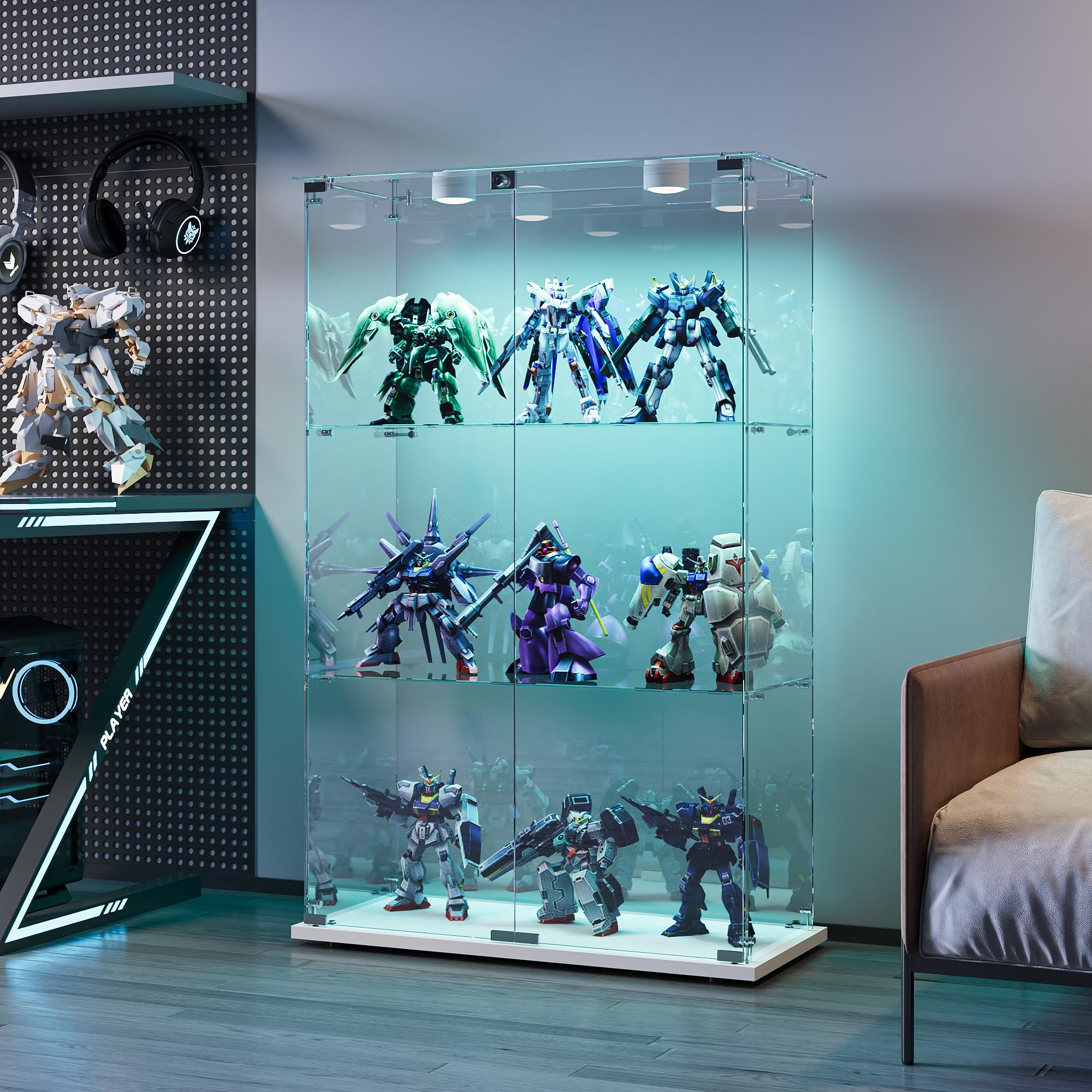 Vetrina in vetro con luci a LED, armadio EE, 3 ripiani e 2 porte, per collezione, camera da letto, soggiorno e sala da pranzo, 123 x 78,5 x 35 cm