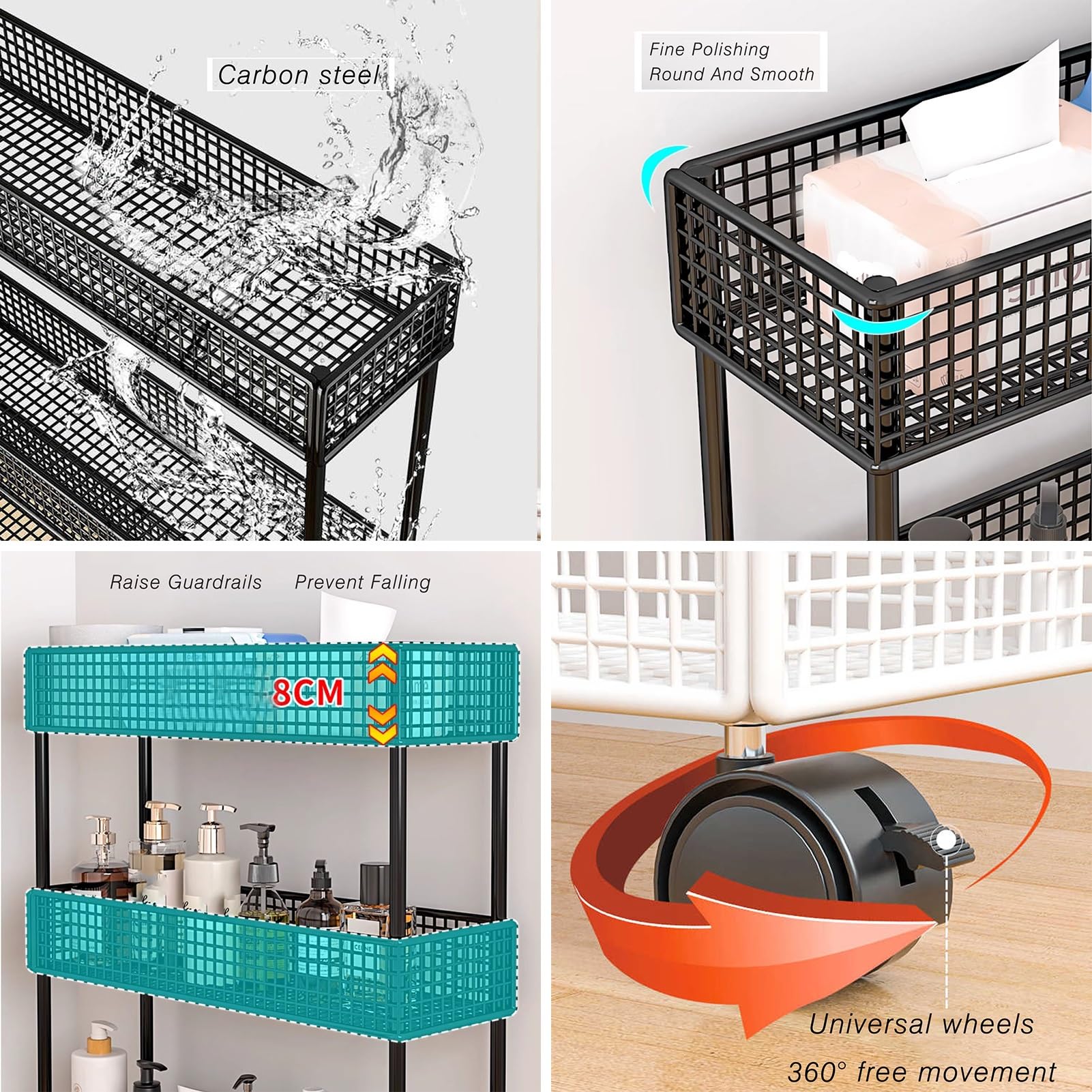 Carrito estrecho delgado con ruedas, estante rodante de 4/5 niveles para baño y lavandería, estante de espacio que ahorra espacio (negro, 40 x 9 x 98 cm)