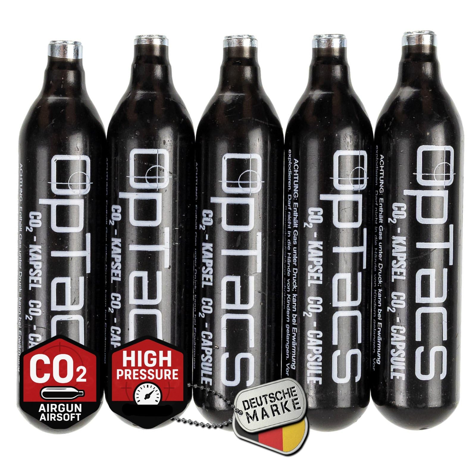 OpTacs CO₂-Kapseln 12g – 5 Stück – für Airsoft, Softair und Luftdruckwaffen – sauber versiegelt, konstante Leistung, rückstandsfrei, korrosionsgeschützt, 12g-System kompatibel