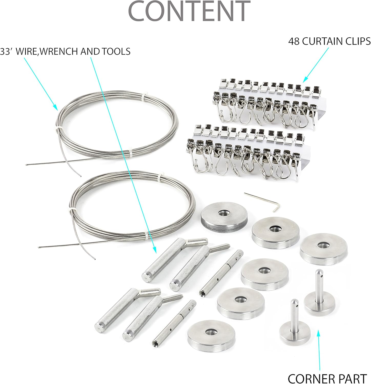 Fasthomegoods Curtain Wire Rod Set Stainless Steel, Multi-Purpose, 33' Wire, 4 Mounting Pieces, 48 Clips, 2 Corner Pieces