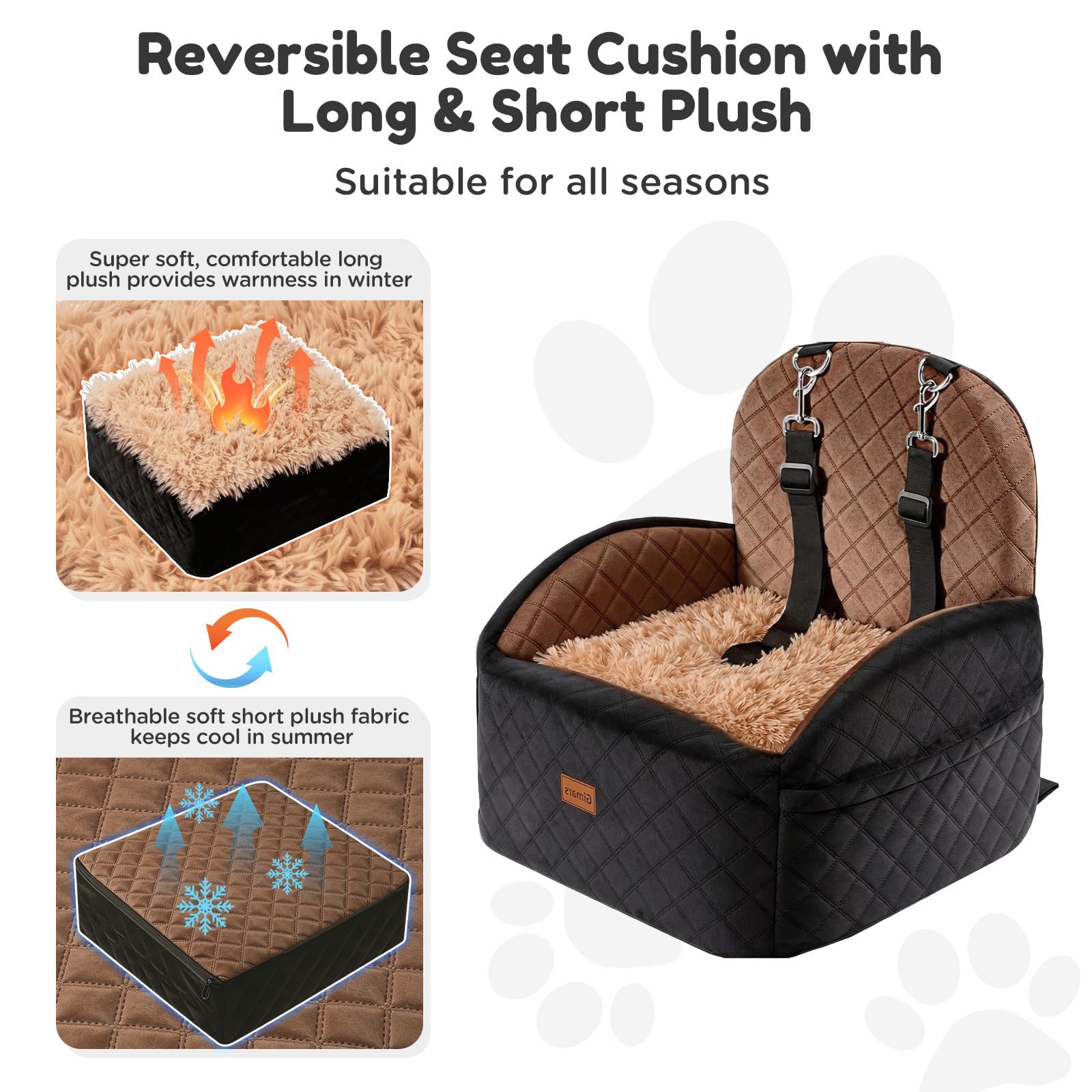 Gimars Réversible Siège Auto Chien Long & Court Peluche pour Petits/Moyens Chiens Jusqu'à 16kg, Amovible Lavable, Antidérapant, Panier Chien Voiture avec Mousse 28D 15cm, Ceinture De Sécurité, S-Brun