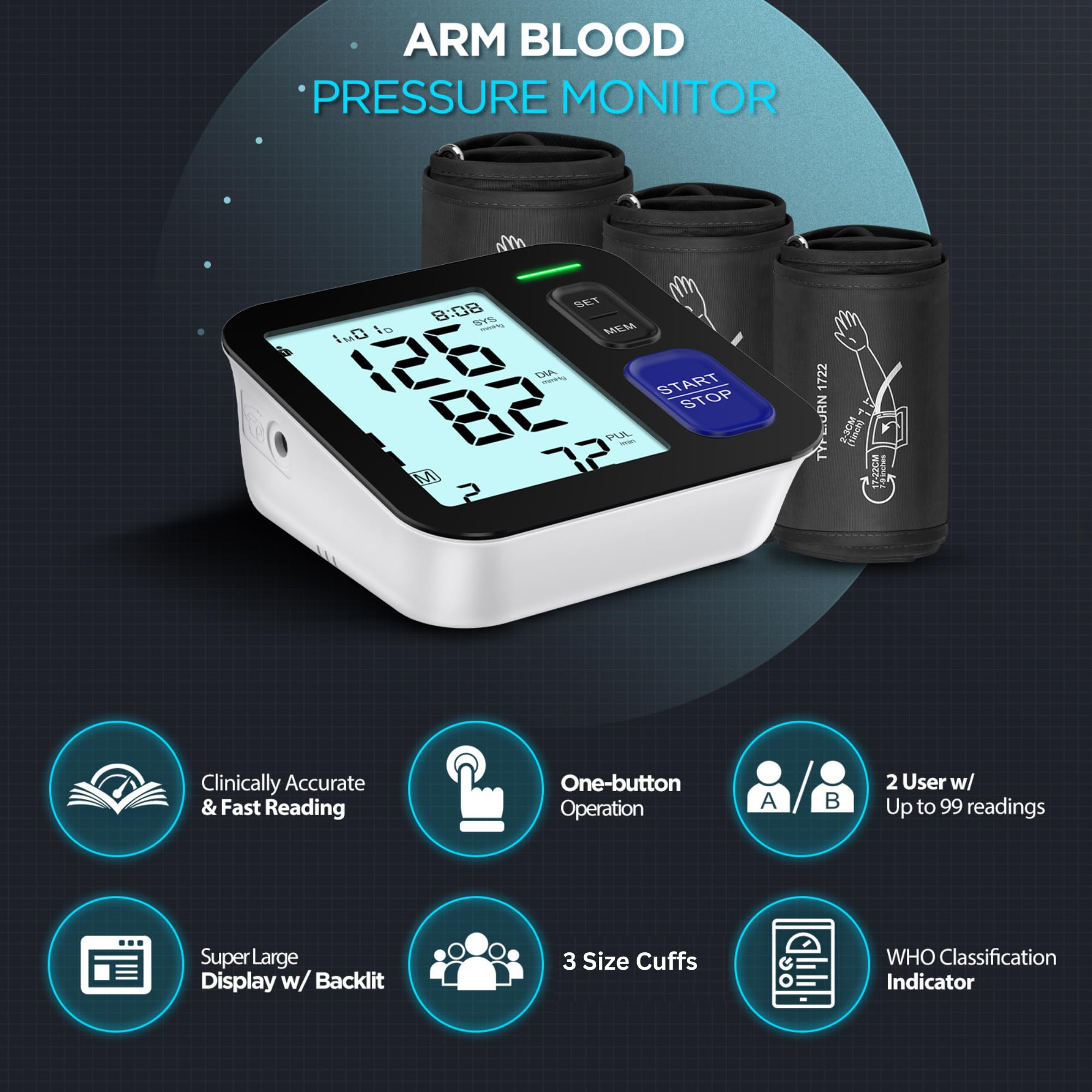 Brazo superior de la máquina de presión arterial, puños de 3 tamaños, S, M/L y XL, S 7"-9", mediano/grande 9"-17" y muñeca XL XL de 13"-21", monitor digital preciso automático de la