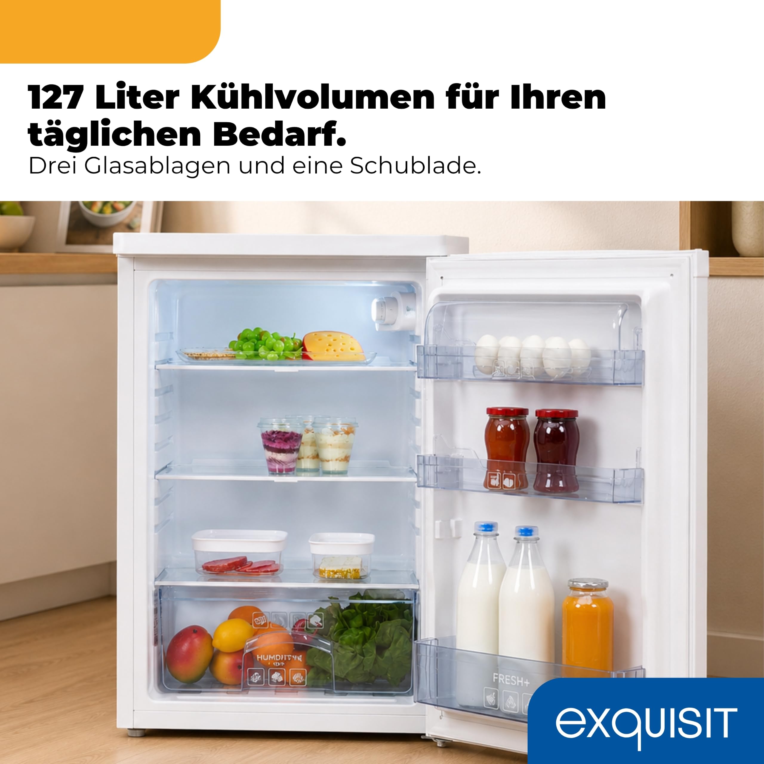 Exquisit Vollraumkühlschrank KS516-V-040E 127 l Energieklasse E 39 dB(A) LED-Innenbeleuchtung weiss